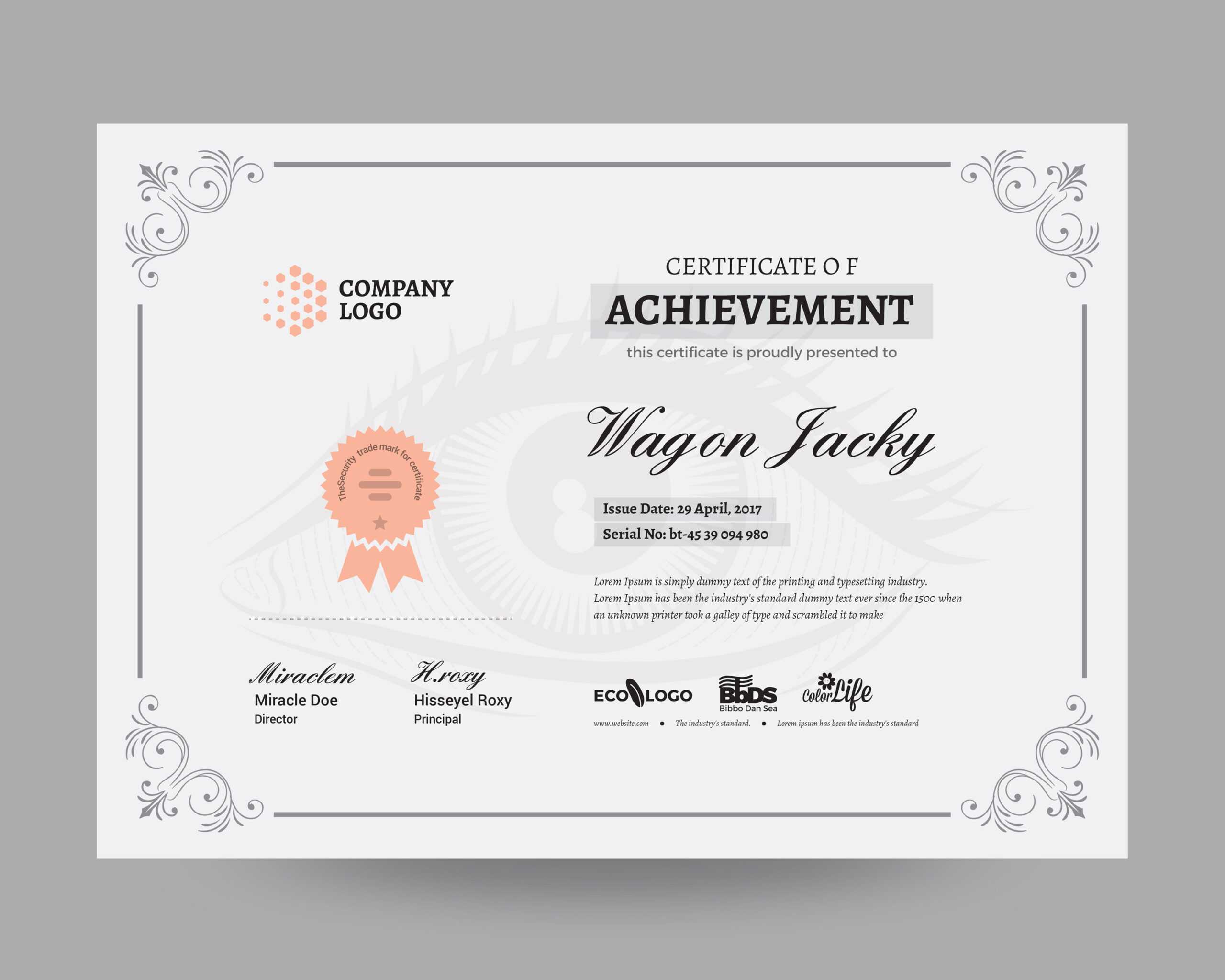 Certificate Template, Instant Download, Certificate Of Achievement –  Editable Ms Word Docx And Photoshop File Included Within Masters Degree Certificate Template