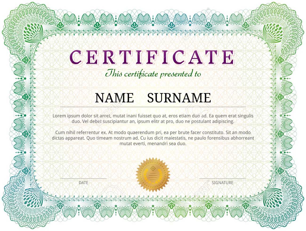 Certificate Template With Guilloche Elements. Green Diploma Border.. Inside Validation Certificate Template