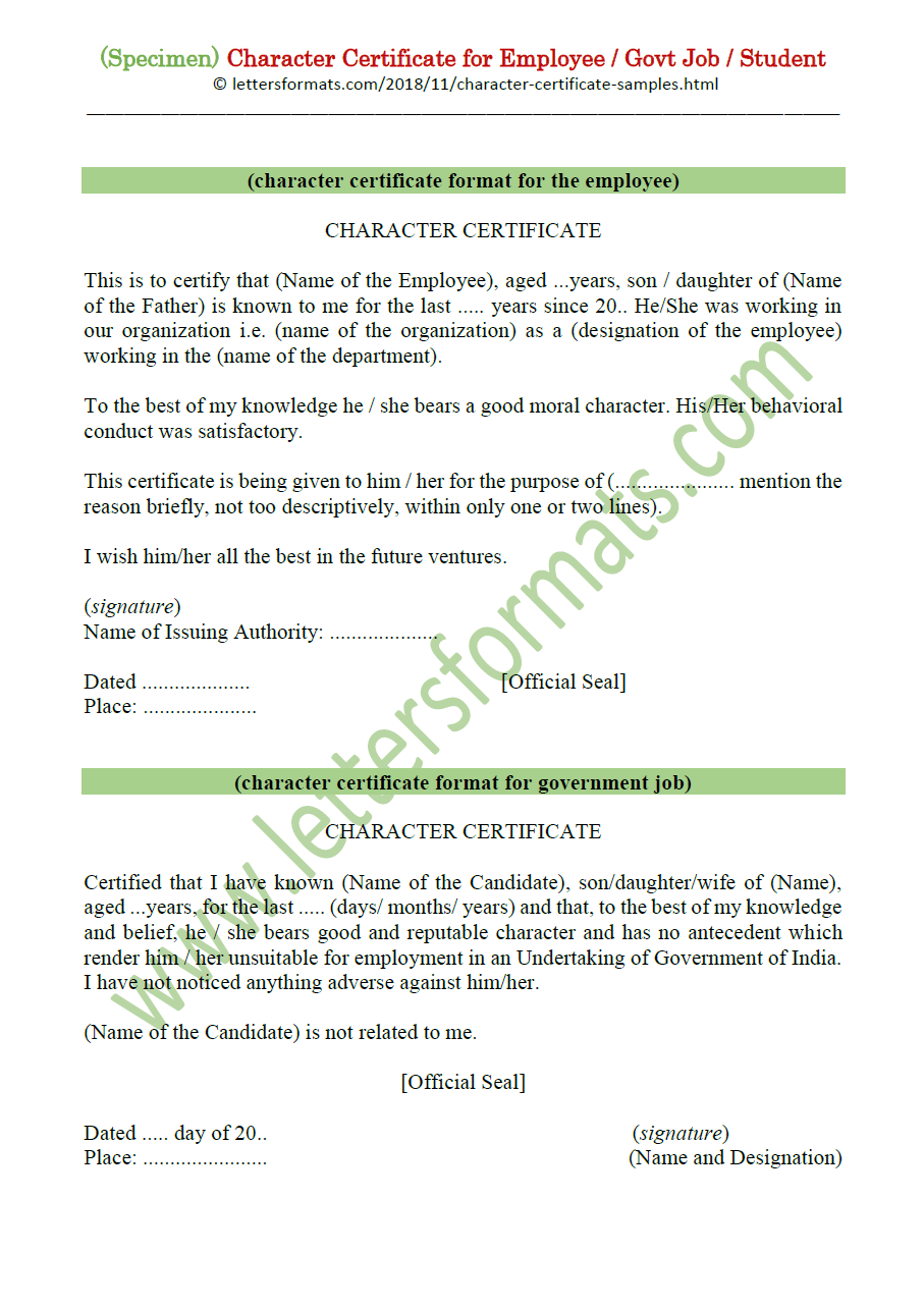 Character Certificate For Employee / Govt Job / Student (Sample) Within Good Conduct Certificate Template