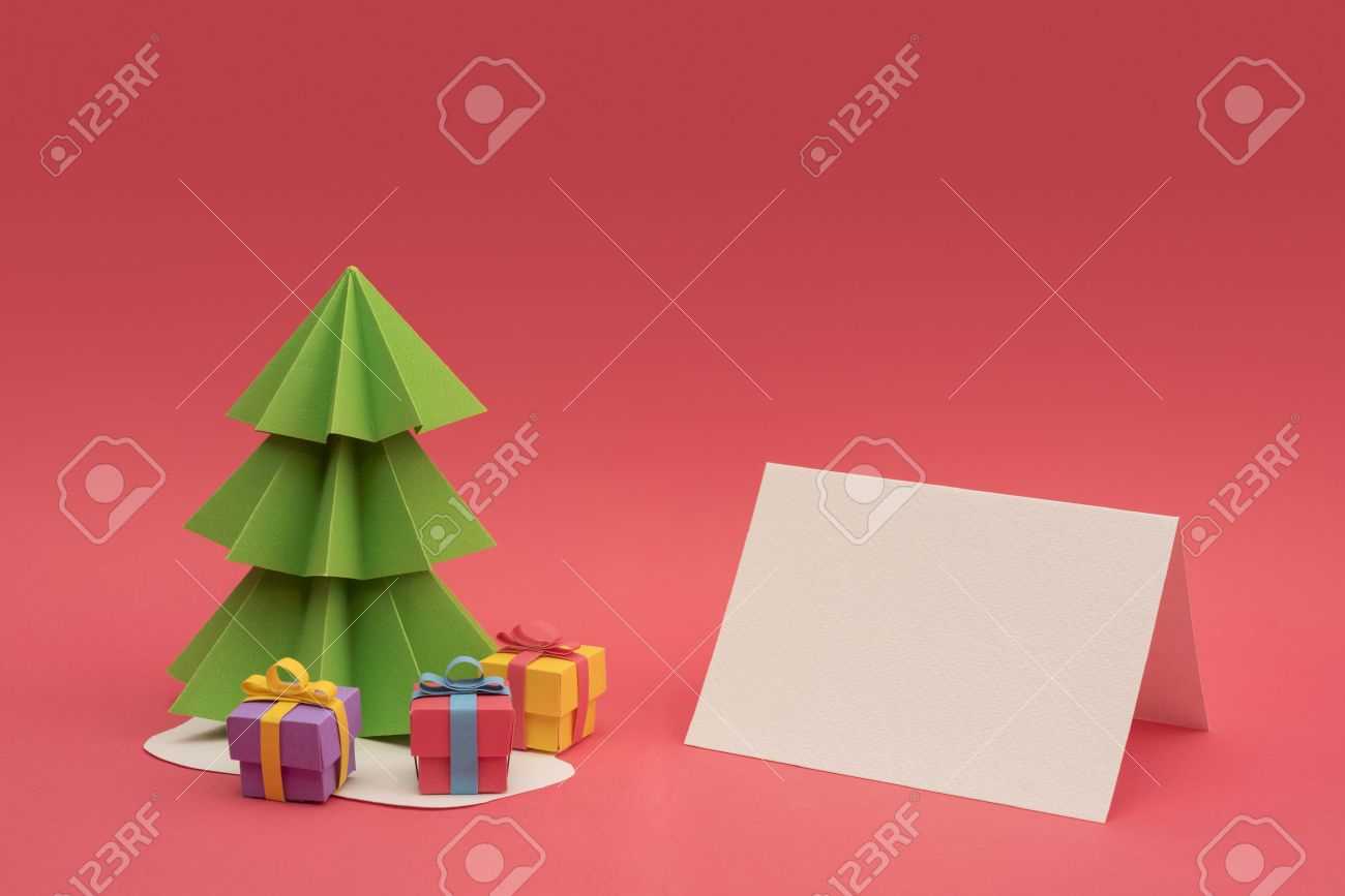 Christmas Season Paper Cut Design: 3D Handmade Xmas Pine Tree, Gift Boxes  And Empty Greeting Card Template With Clipping Path. Ideal For Holiday Intended For 3D Christmas Tree Card Template