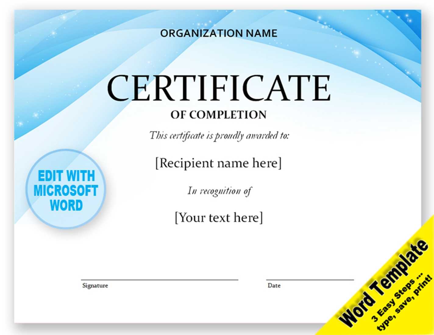 Contemporary Certificate Of Completion Template Digital Download Within Word Template Certificate Of Achievement