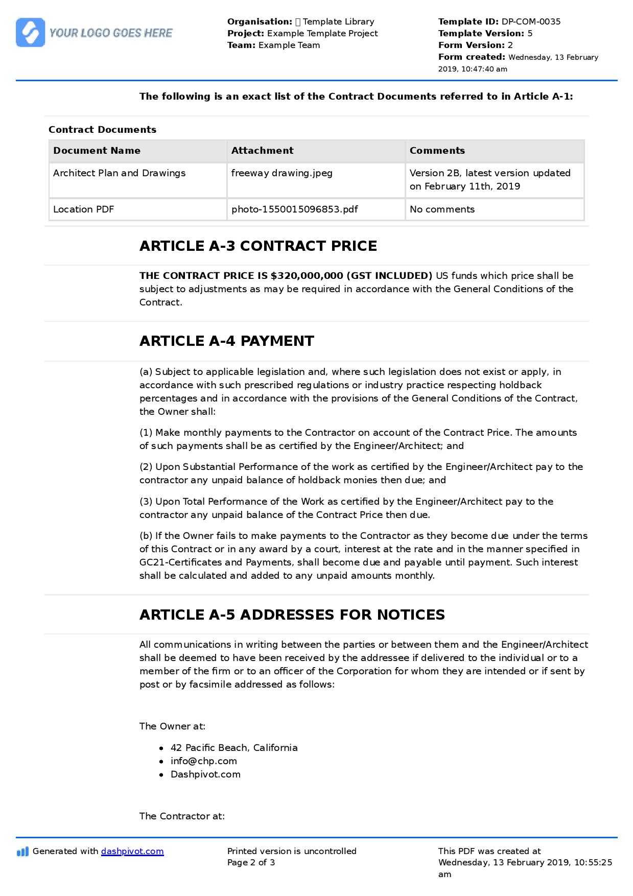 Contract Agreement For Construction Work [Sample + Template] Pertaining To Construction Payment Certificate Template