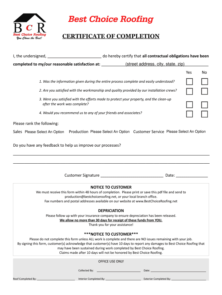 Contractor Job Completion Certificate – Fill Online Within Roof Certification Template
