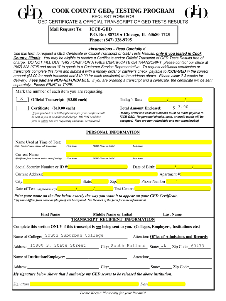 Cook County Ged Transcript Request Form – Fill Out And Sign Printable Pdf  Template | Signnow In Ged Certificate Template