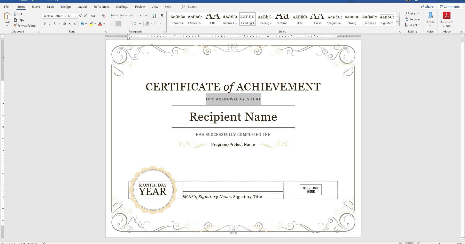 Create A Certificate Of Recognition In Microsoft Word Inside Free Certificate Templates For Word 2007