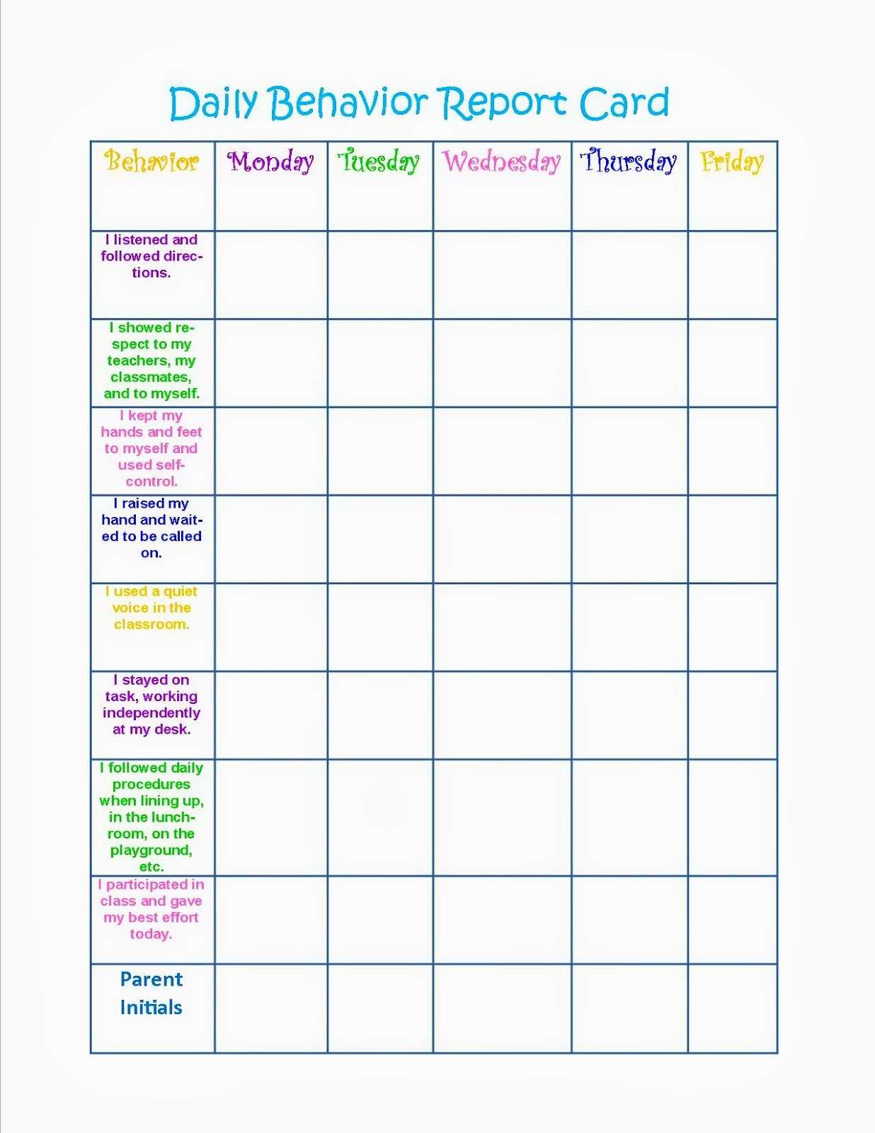Daily Behavior Chart – Dalep.midnightpig.co In Daily Report Card Template For Adhd