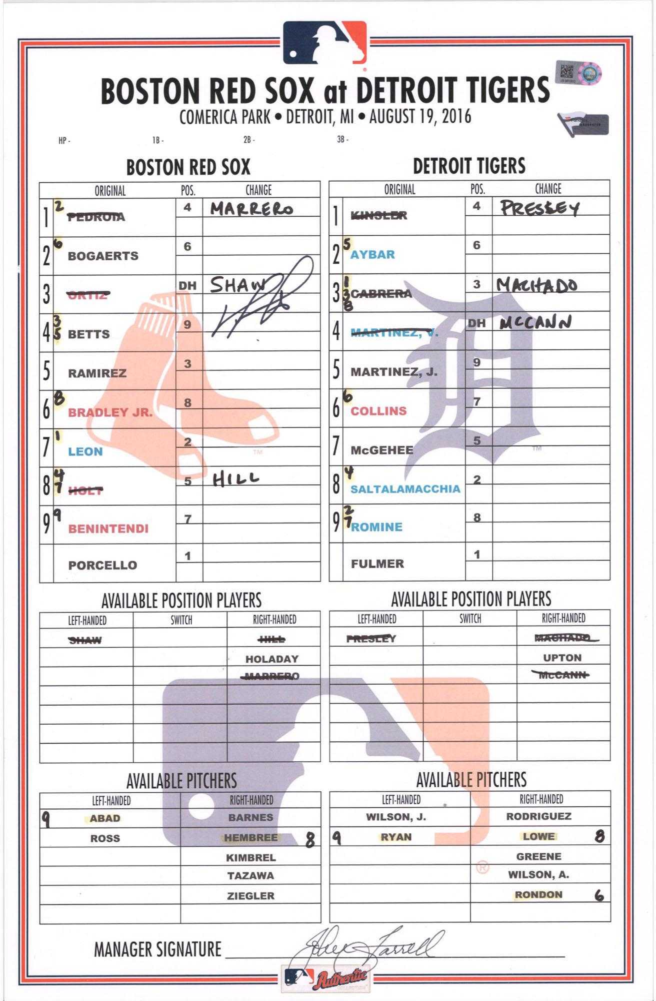David Ortiz Boston Red Sox Подпись Гу Линейка Карта Vs Тигры For Dugout Lineup Card Template