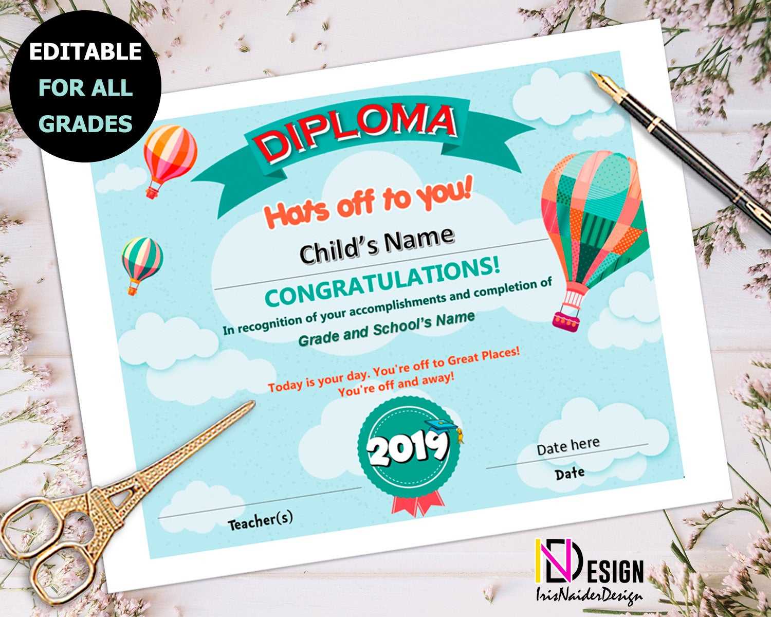 Diploma, Oh The Places You'll Go Inspired Certificate, Kindergarten, Pre K,  1St Grade, Graduation, 2Nd Grade, 3Rd Grade, 4Th Grade,5Th Grade Within 5Th Grade Graduation Certificate Template
