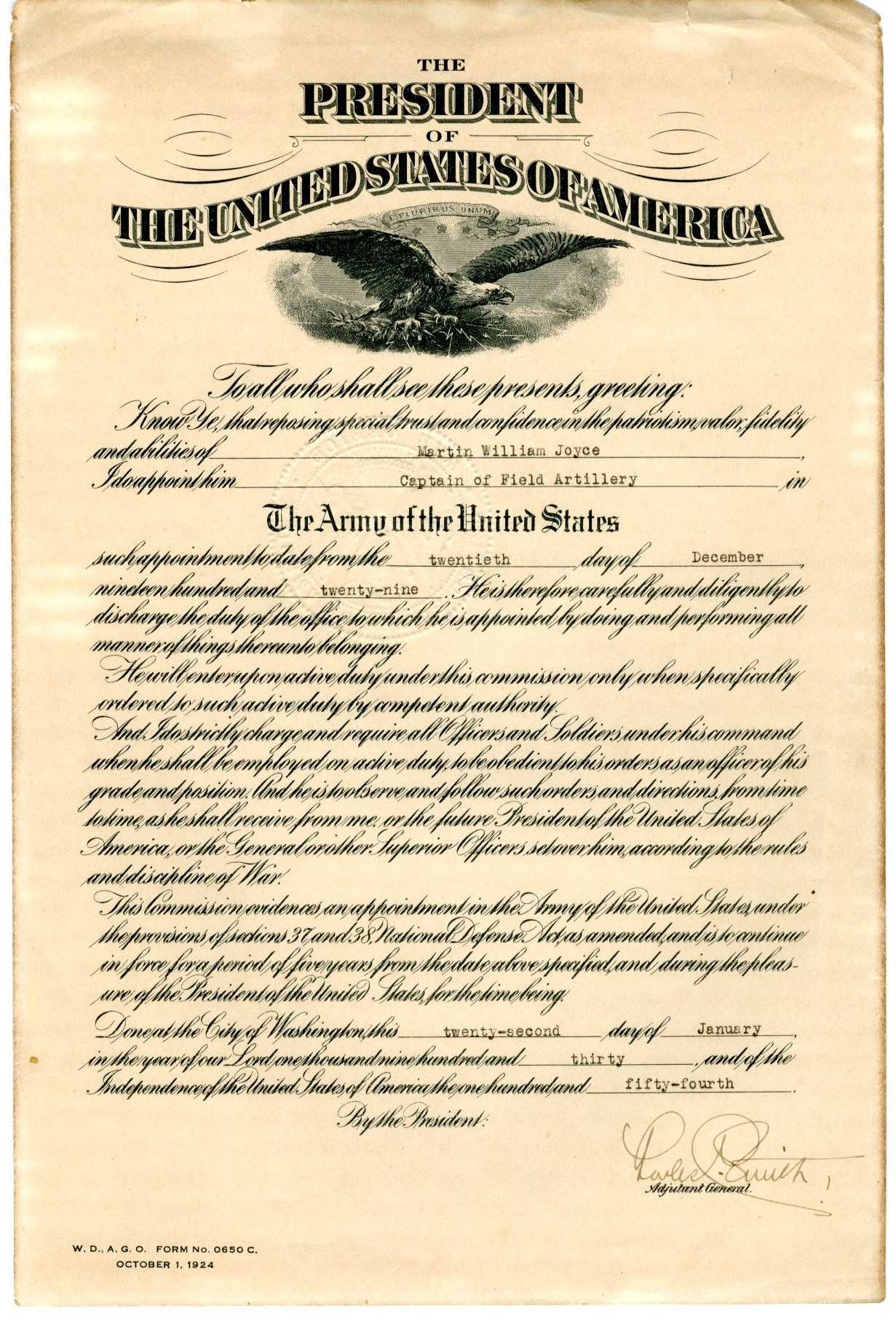 Documents 1 20 – Lt. Col. Martin W. Joyce Papers Inside Officer Promotion Certificate Template