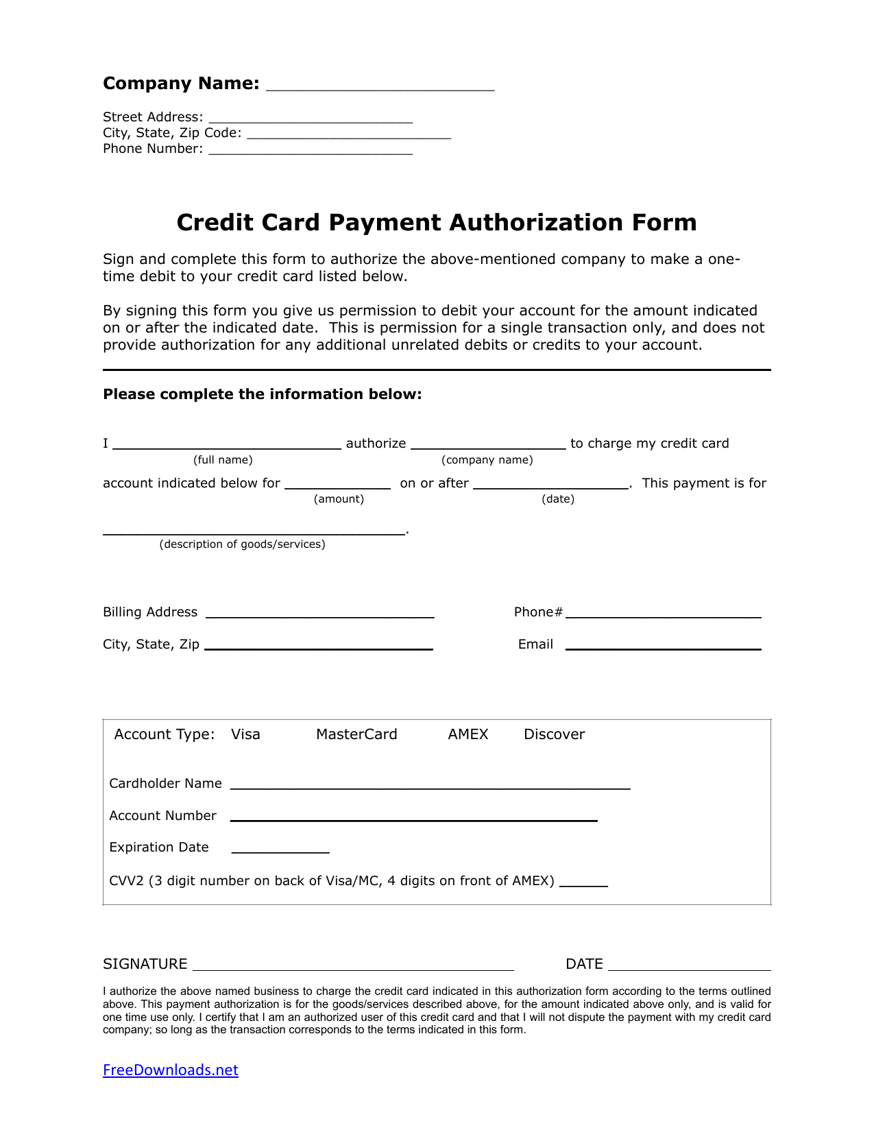 Download One (1) Time Credit Card Authorization Payment Form Inside Credit Card Billing Authorization Form Template