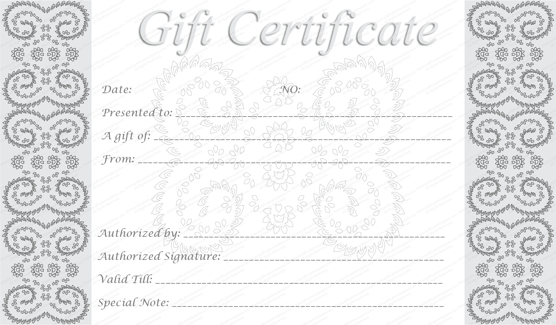 Editable And Printable Silver Swirls Gift Certificate Template Inside Anniversary Certificate Template Free