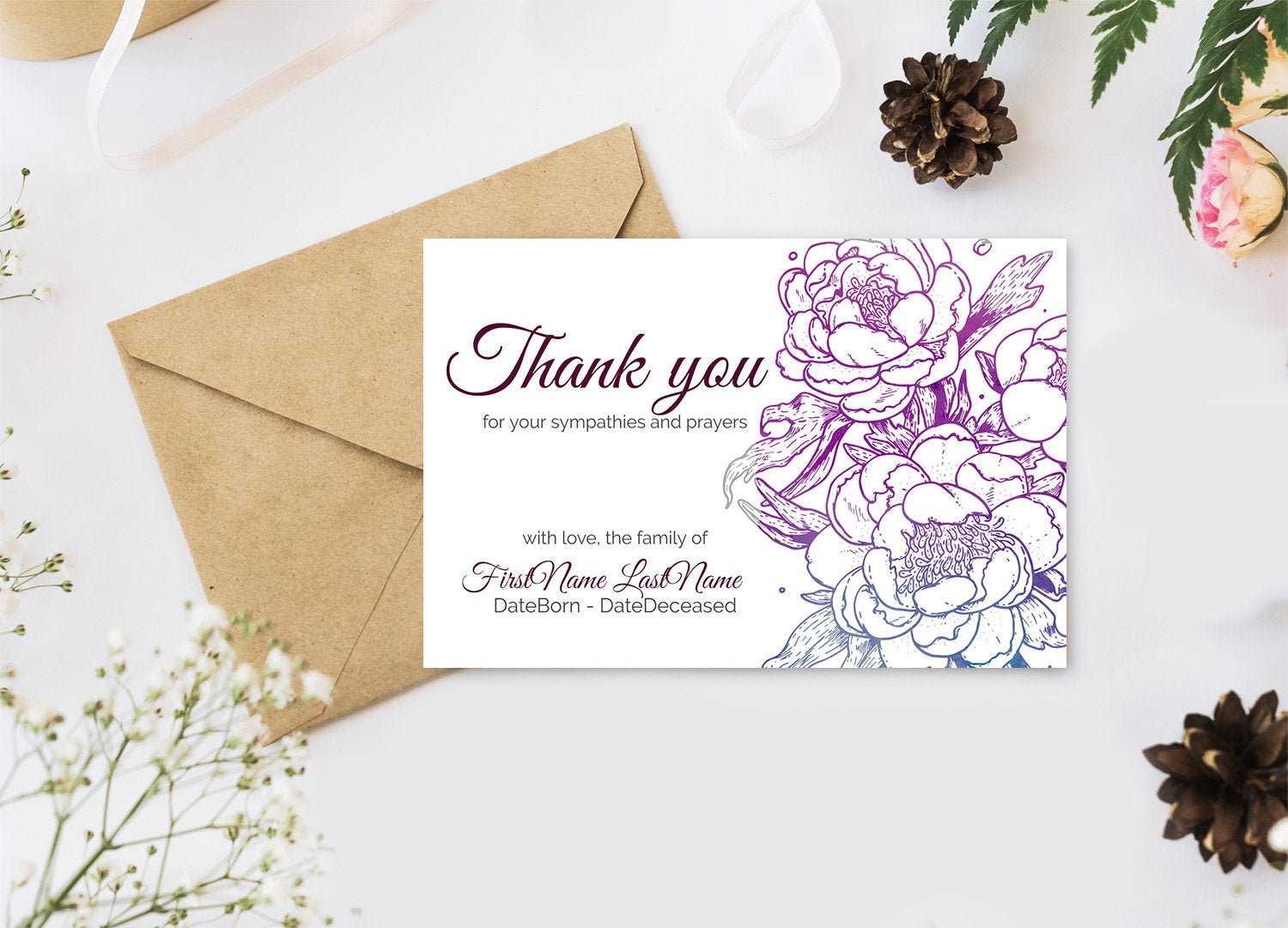 Editable Funeral Thank You Cards. Personalized Sympathy Thank You,  Printable Bereavement Thank You Card – Digital Download Pertaining To Sympathy Thank You Card Template