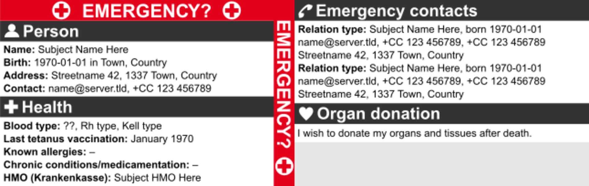 Emergency Card Template With Organ Donor Card Template