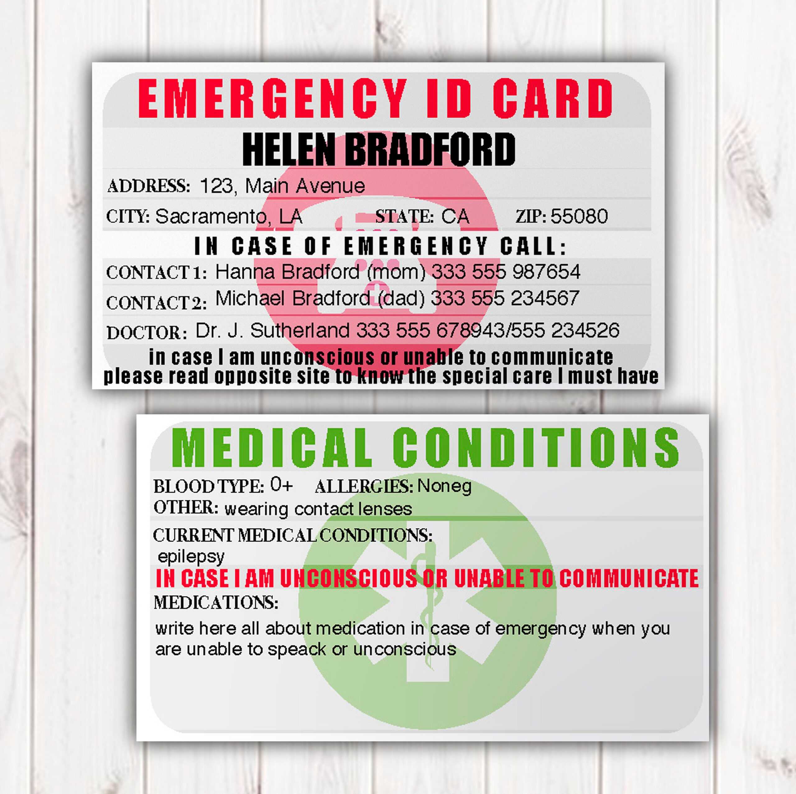 Emergency Identification Card Template, Medical Condition With Medication Card Template