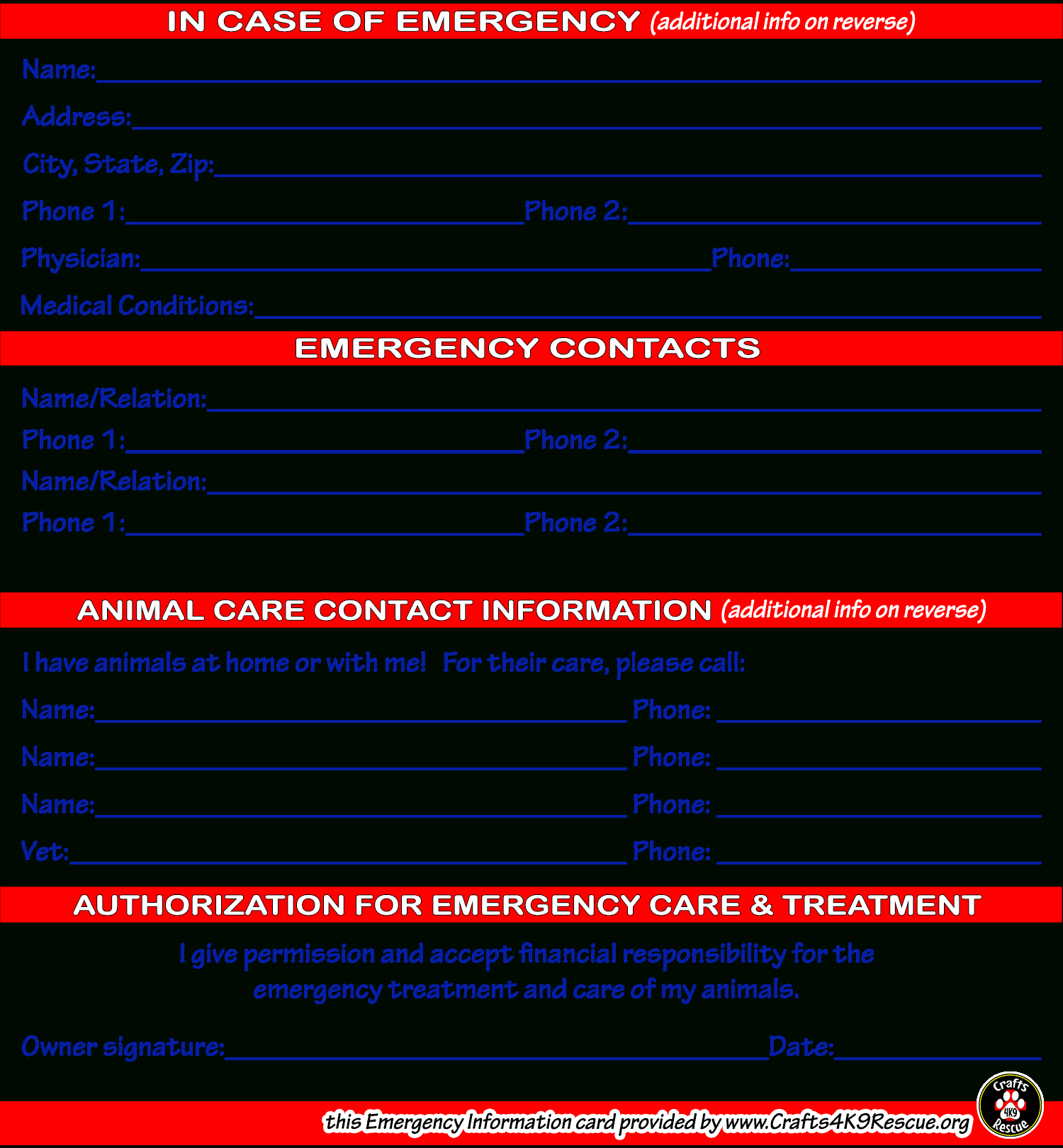 Emergency Information Card Template | Crafts4K9Rescue Intended For In Case Of Emergency Card Template