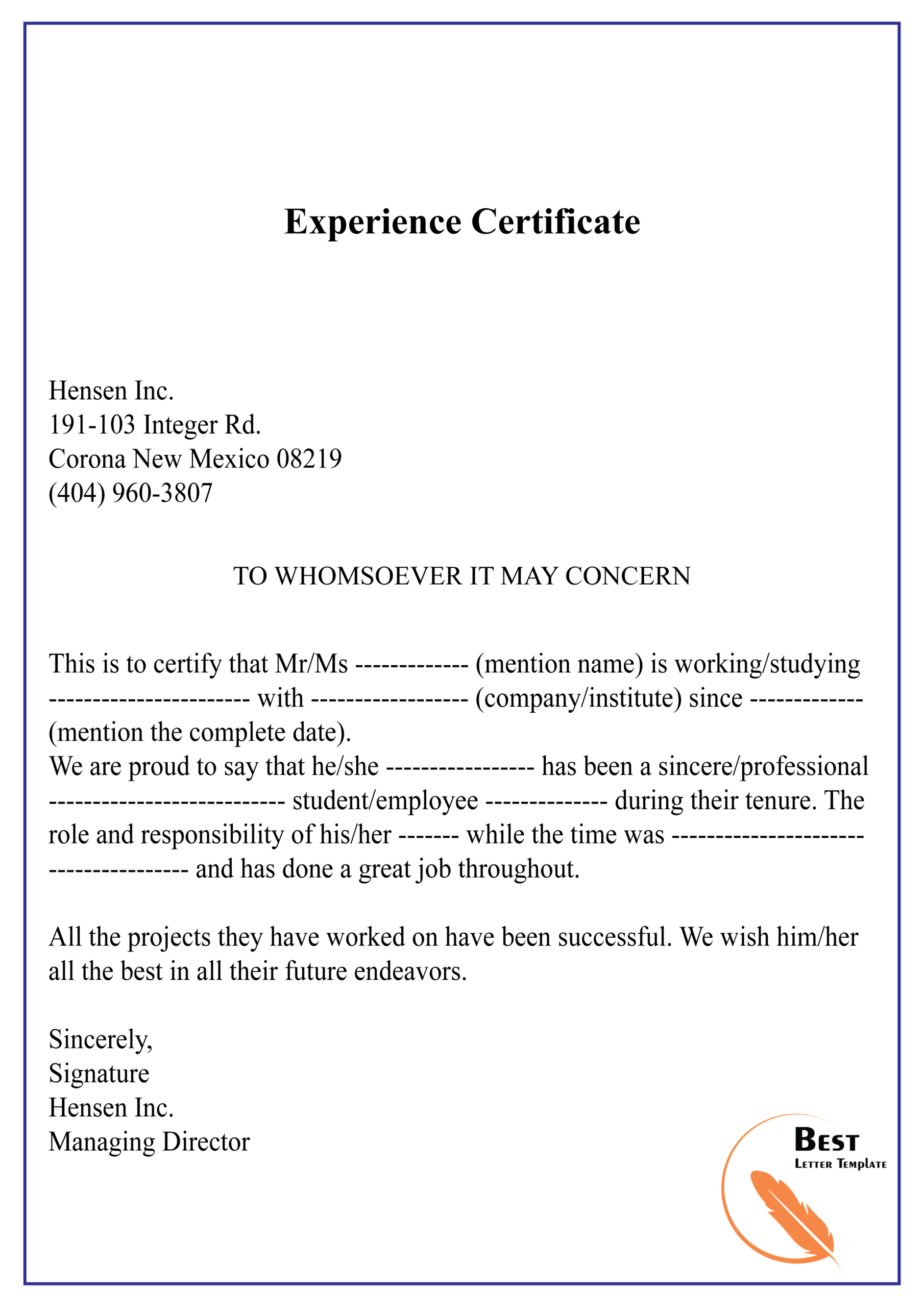Experience Certificate 01 | Best Letter Template For Template Of Experience Certificate