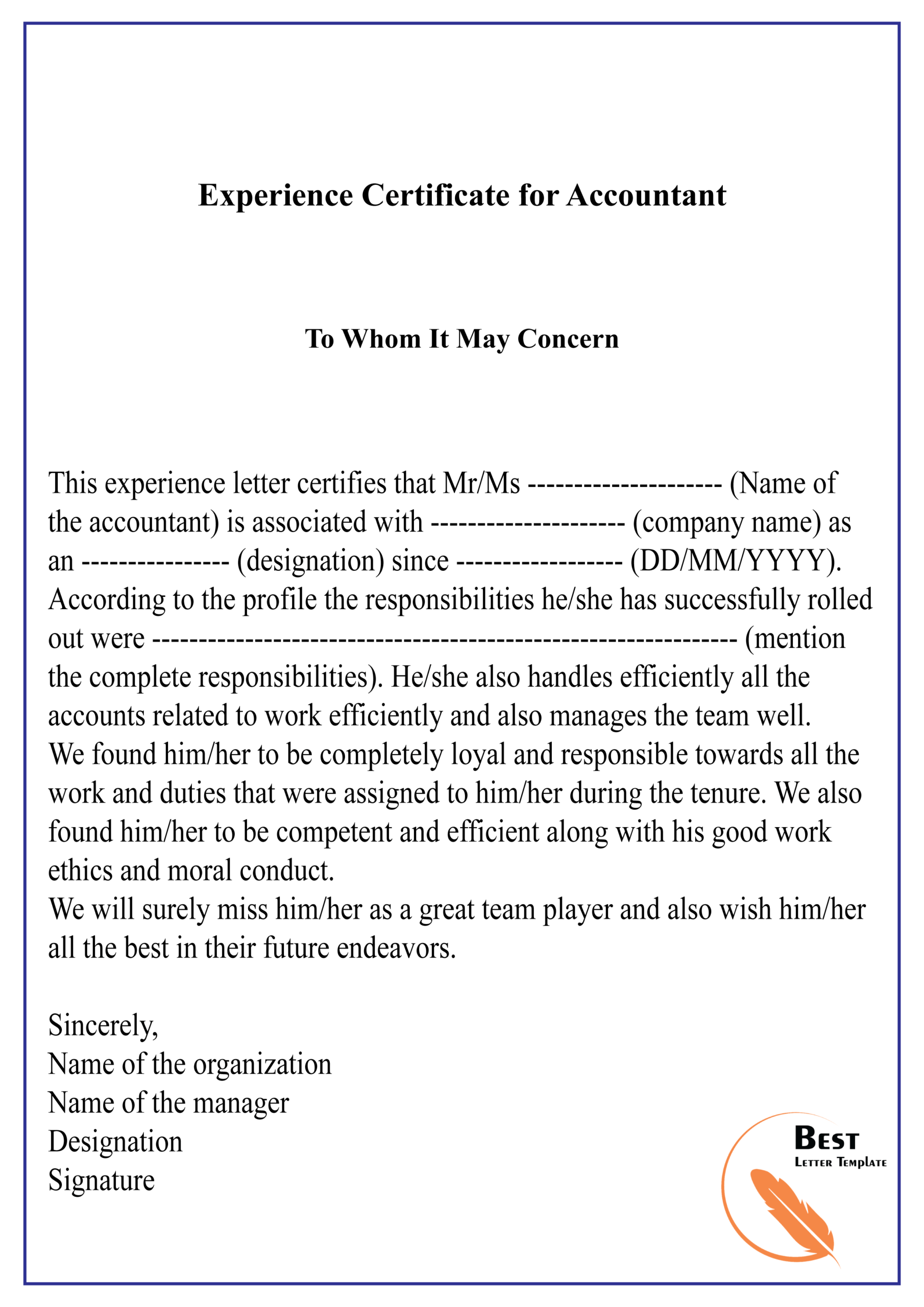 Experience Certificate For Accountant 01 | Best Letter Template Pertaining To Certificate Of Experience Template