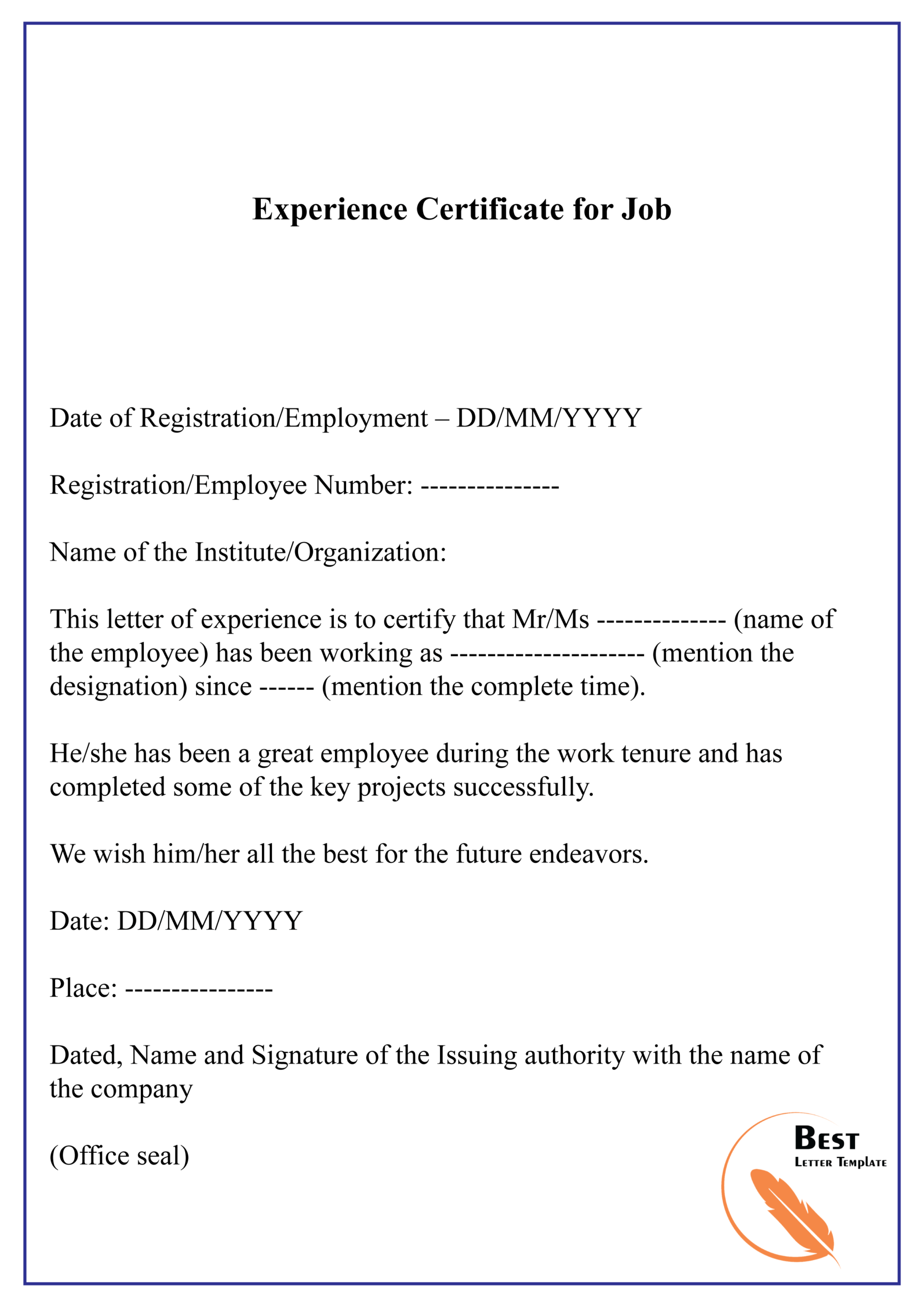 Experience Certificate For Job 01 | Best Letter Template Throughout Good Job Certificate Template