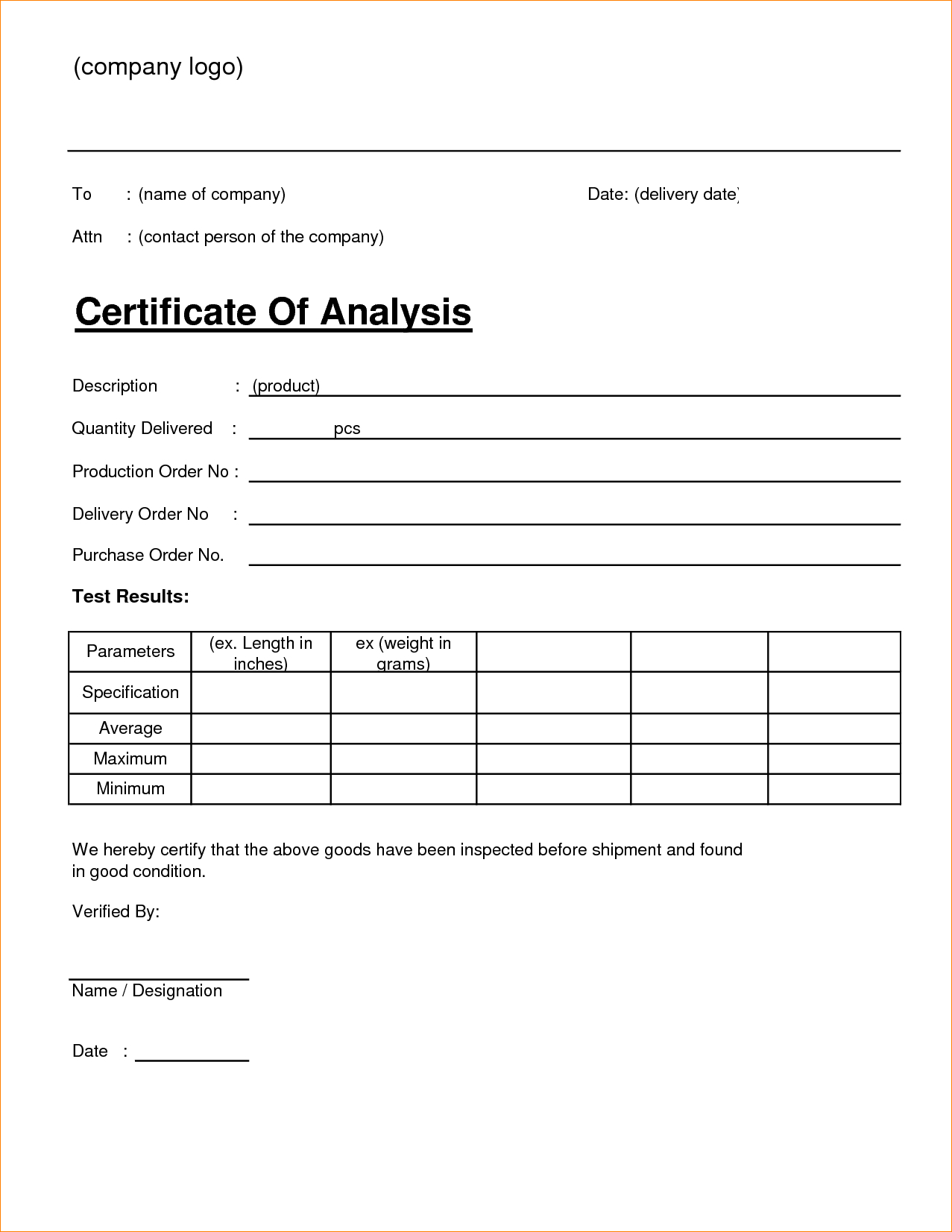 🥰4+ Free Sample Certificate Of Analysis (Coa) Templates🥰 Inside Certificate Of Analysis Template