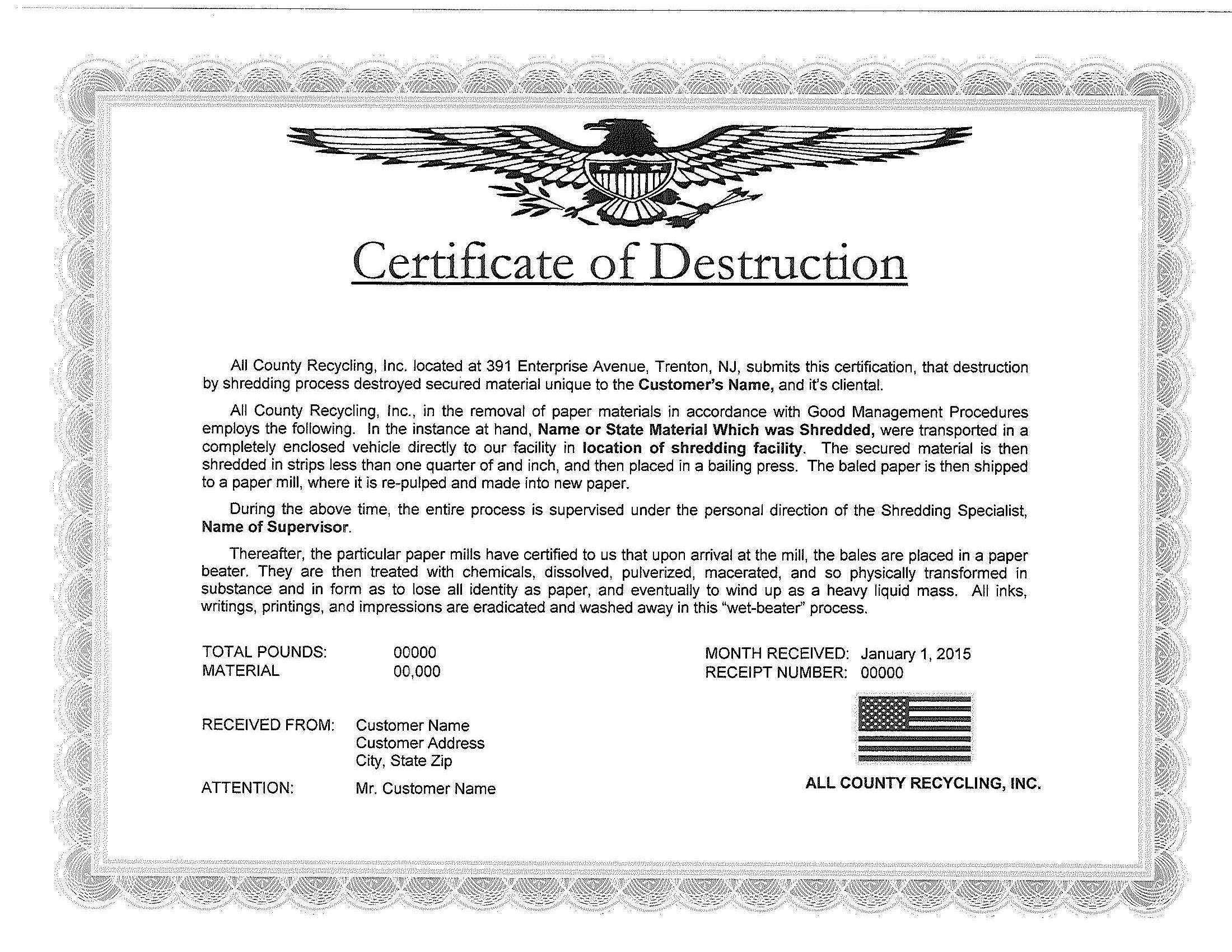 🥰5+ Free Certificate Of Destruction Sample Templates🥰 Regarding Free Certificate Of Destruction Template