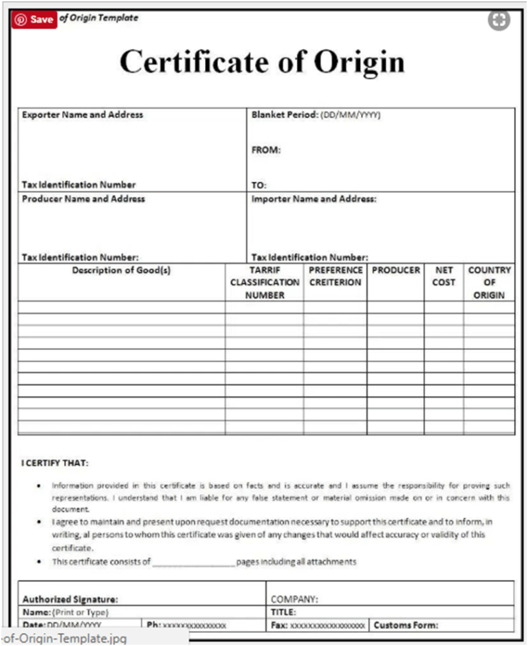Certificate Of Origin For A Vehicle Template