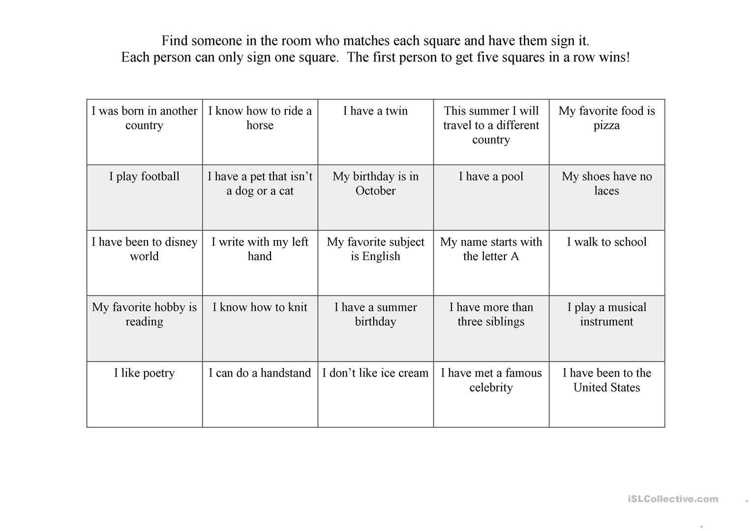First Day Ice Breaker Bingo - English Esl Worksheets For With Ice Breaker Bingo Card Template