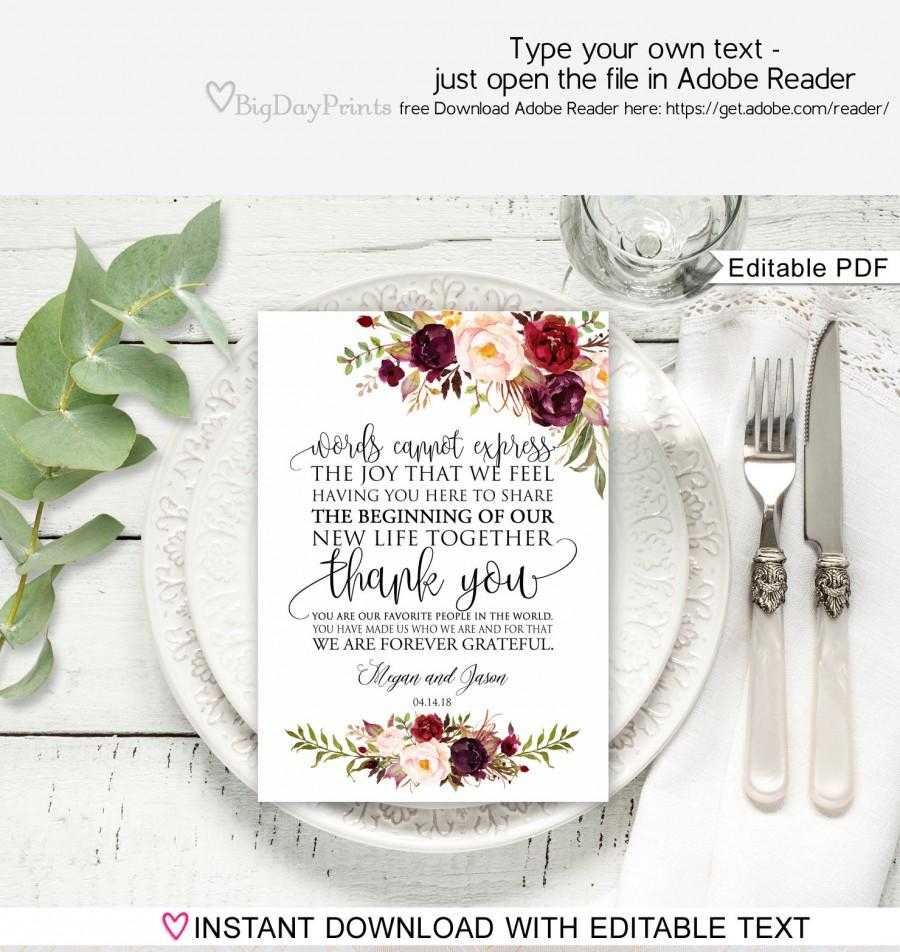 Floral Wedding Thank You Place Card, Wedding Table Thank You Within Table Place Card Template Free Download