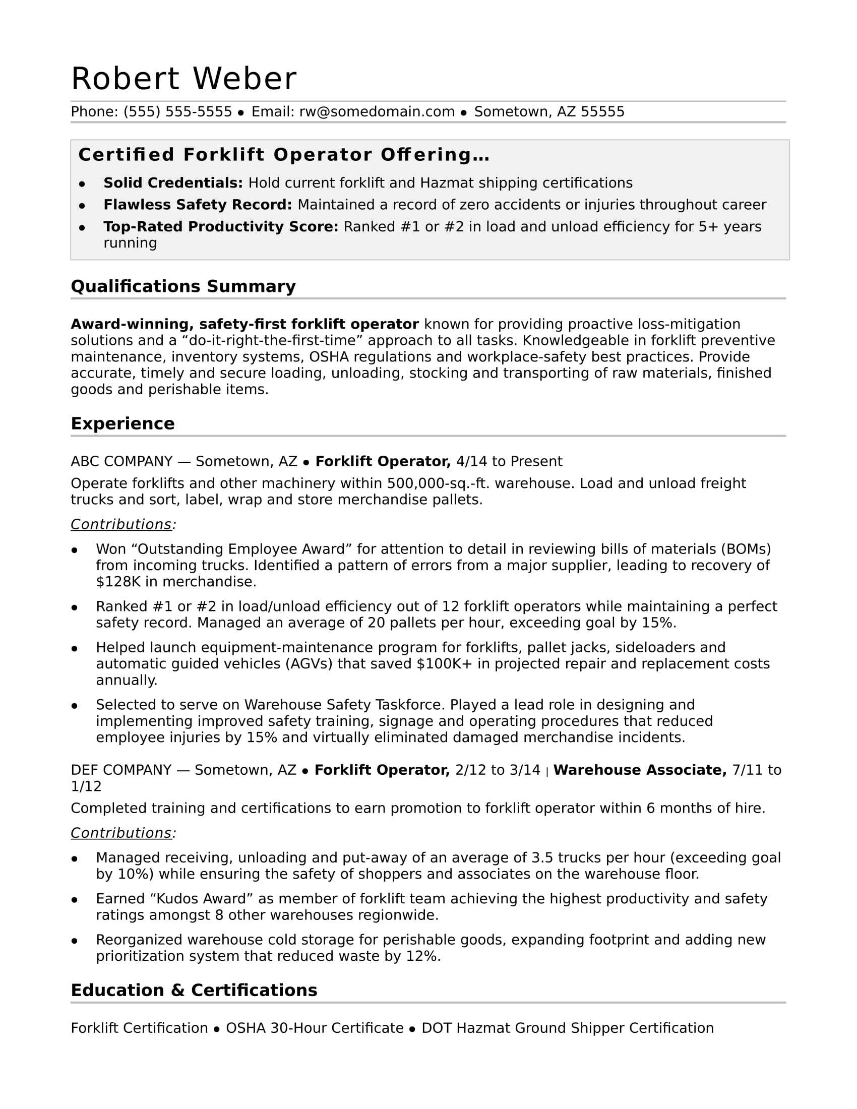 Forklift Operator Resume Sample | Monster Intended For Forklift Certification Template