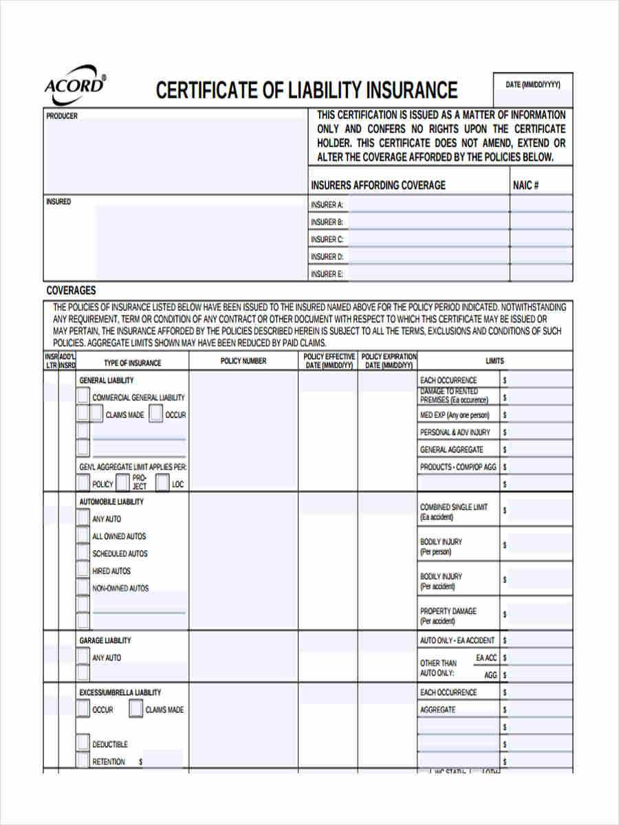 Free 9+ Liability Insurance Forms In Pdf | Ms Word Pertaining To Certificate Of Liability Insurance Template
