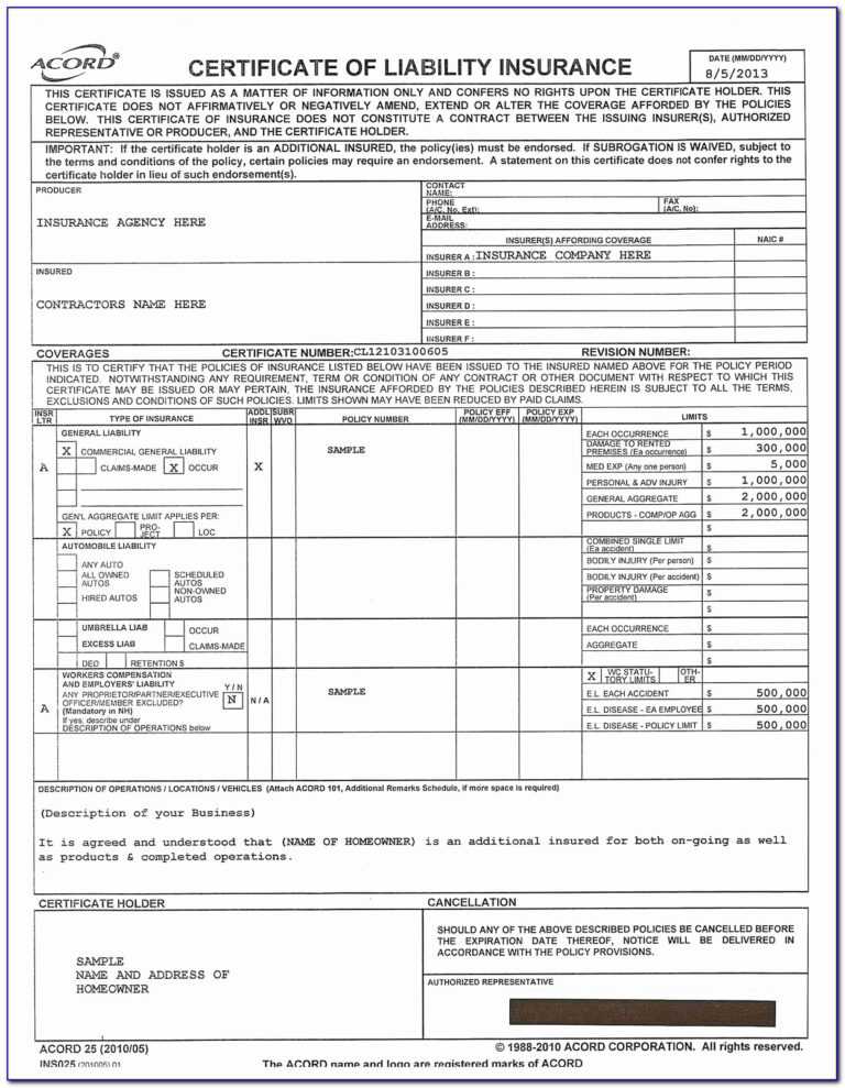 Acord Insurance Certificate Template