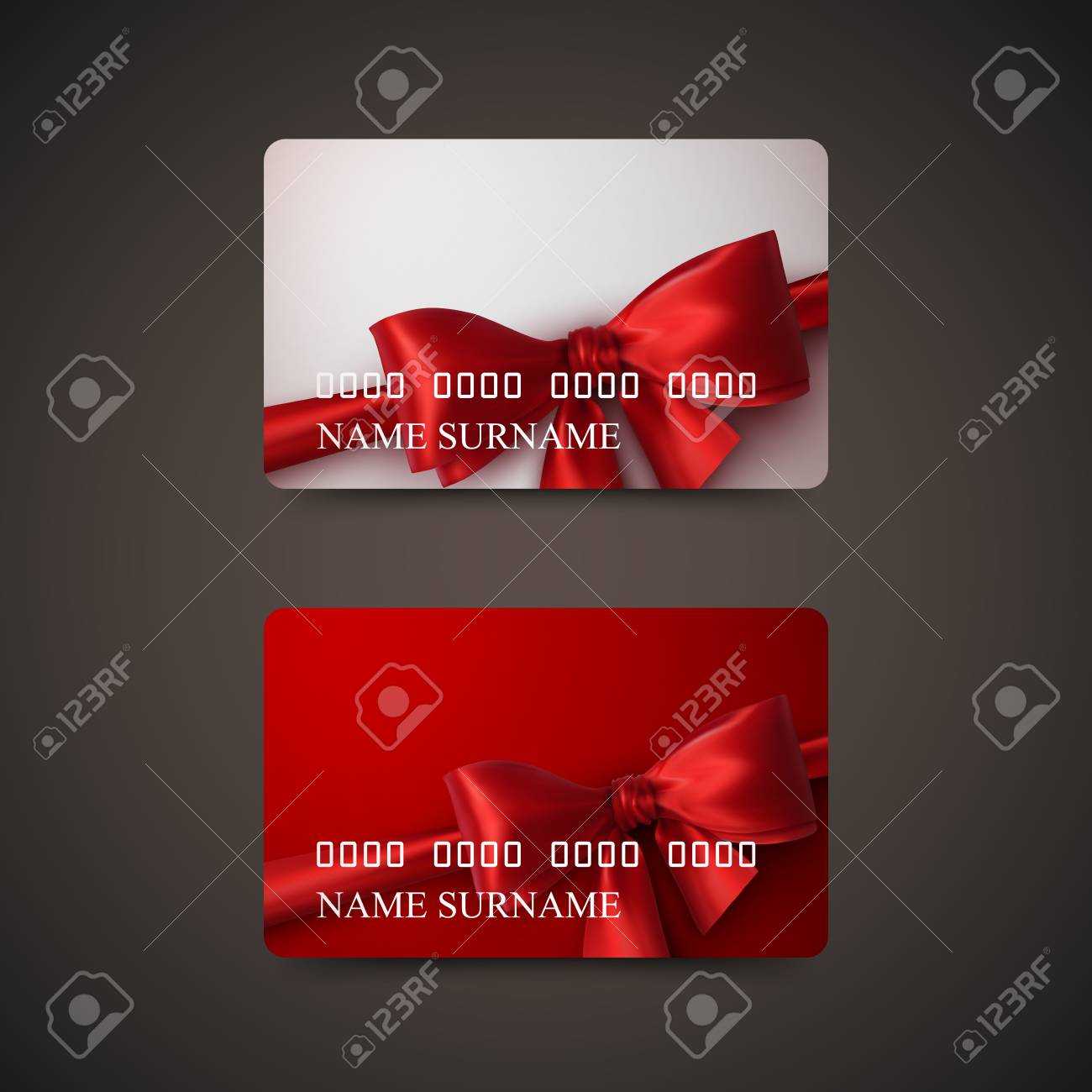 Gift Cards With Red Bow And Ribbon. Vector Illustration. Gift Or Credit  Card Design Template In Gift Card Template Illustrator