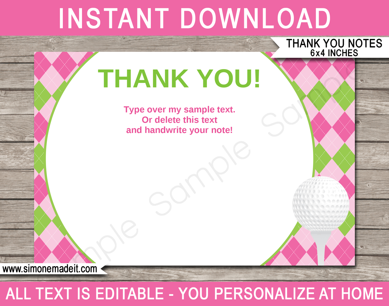 Golf Birthday Party Thank You Cards Template – Pink/green Regarding Thank You Note Card Template