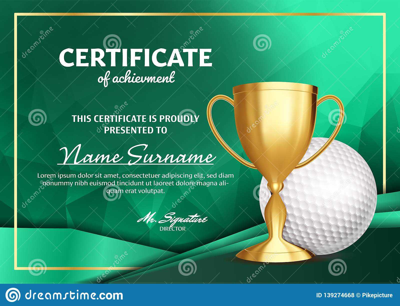 Golf Certificate Diploma With Golden Cup Vector. Sport Award Throughout Golf Certificate Template Free