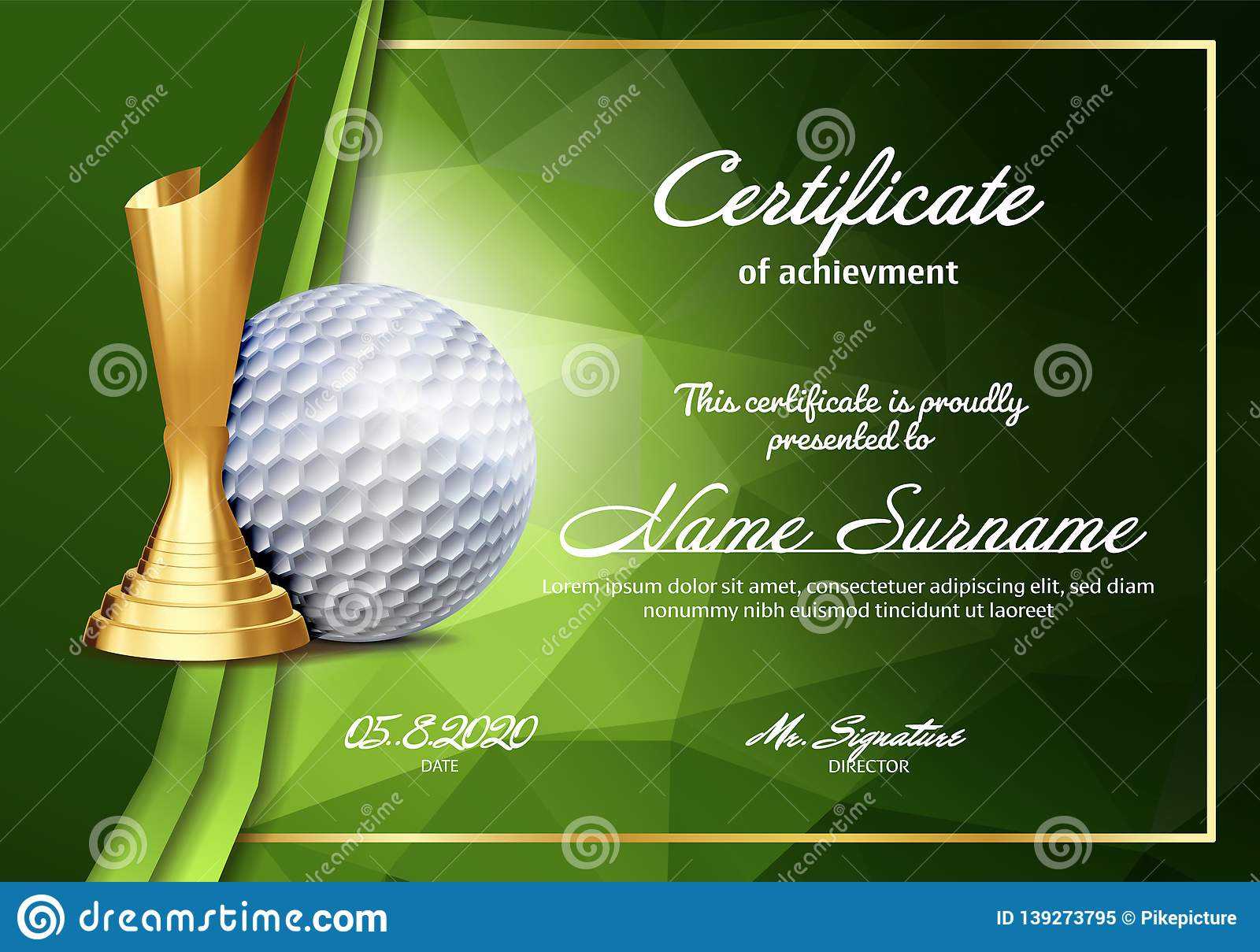Golf Certificate Diploma With Golden Cup Vector. Sport Regarding Golf Certificate Template Free