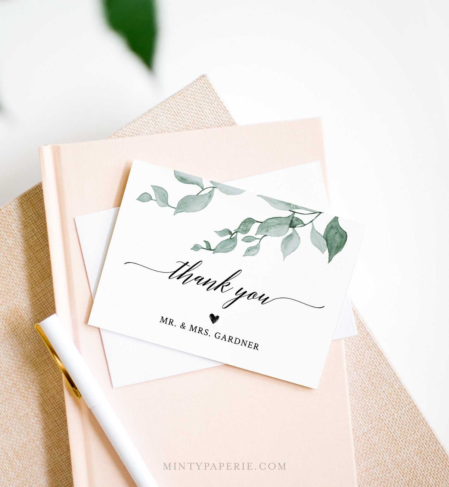 Greenery Thank You Note Card Template, Folded Wedding Or In Thank You Note Cards Template