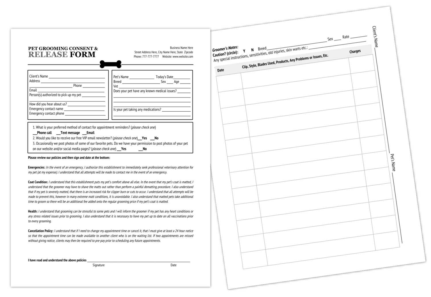 Grooming Release Form Template & Printable Pdf Throughout Dog Grooming Record Card Template