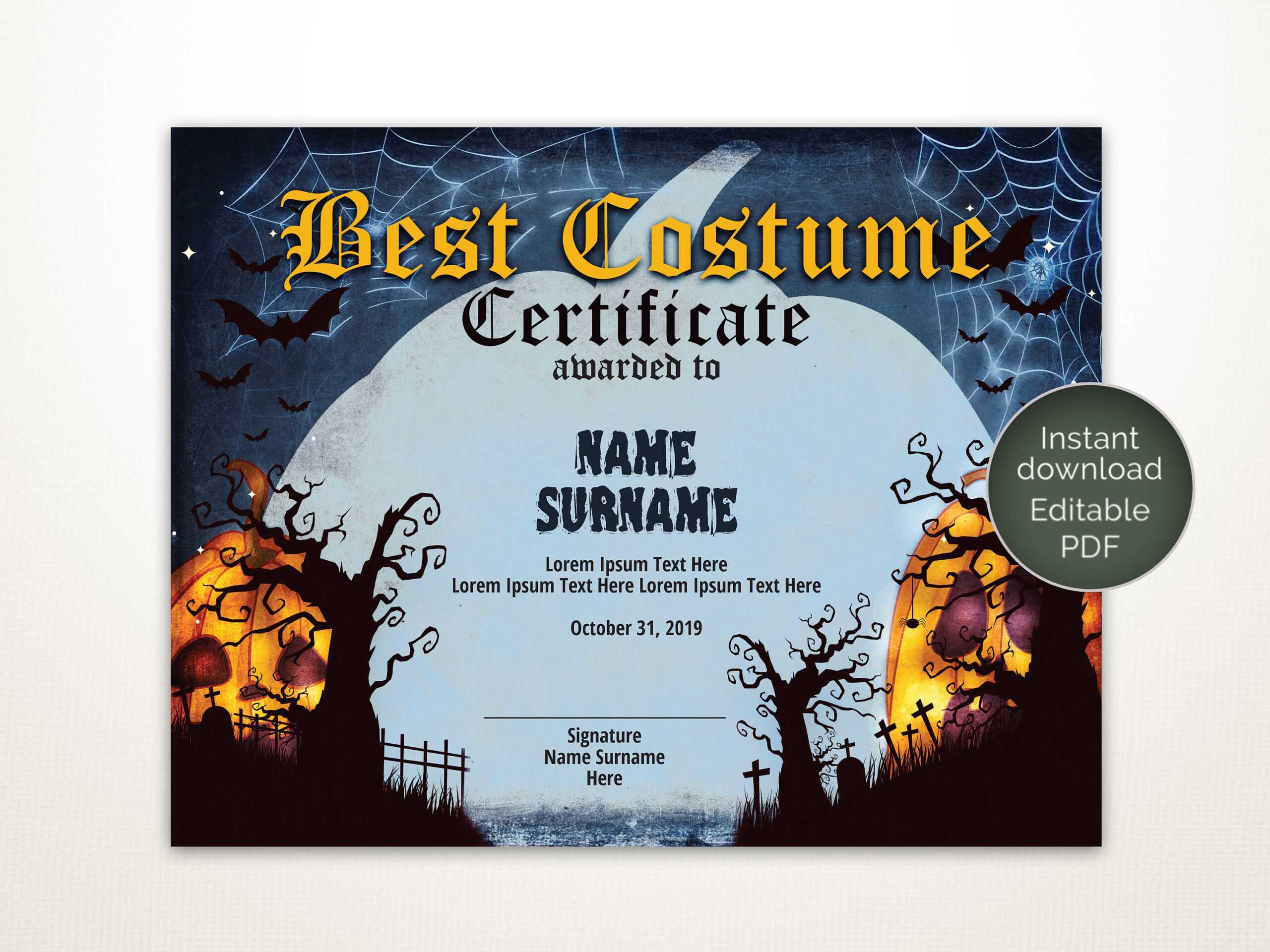Halloween Best Costume Certificate Editable Template Costume Award  Printable Certificate Template Instant Download Regarding Halloween Certificate Template