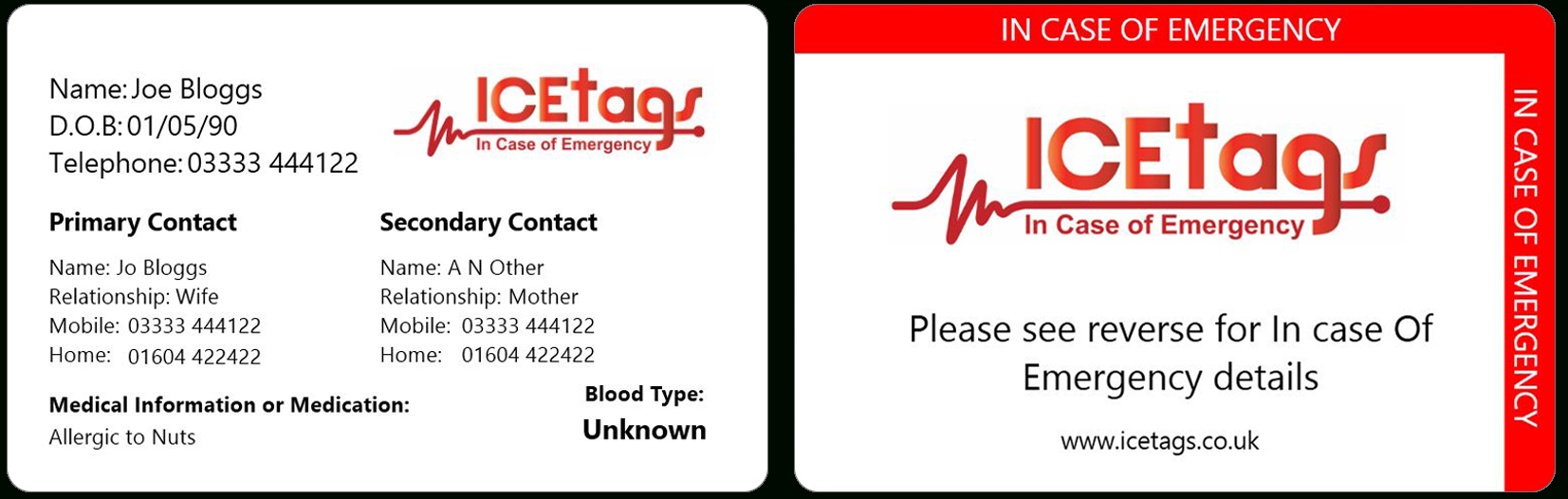 Ice Wallet Card | Full Size Icetags | Free Uk Delivery With Regard To Medical Alert Wallet Card Template