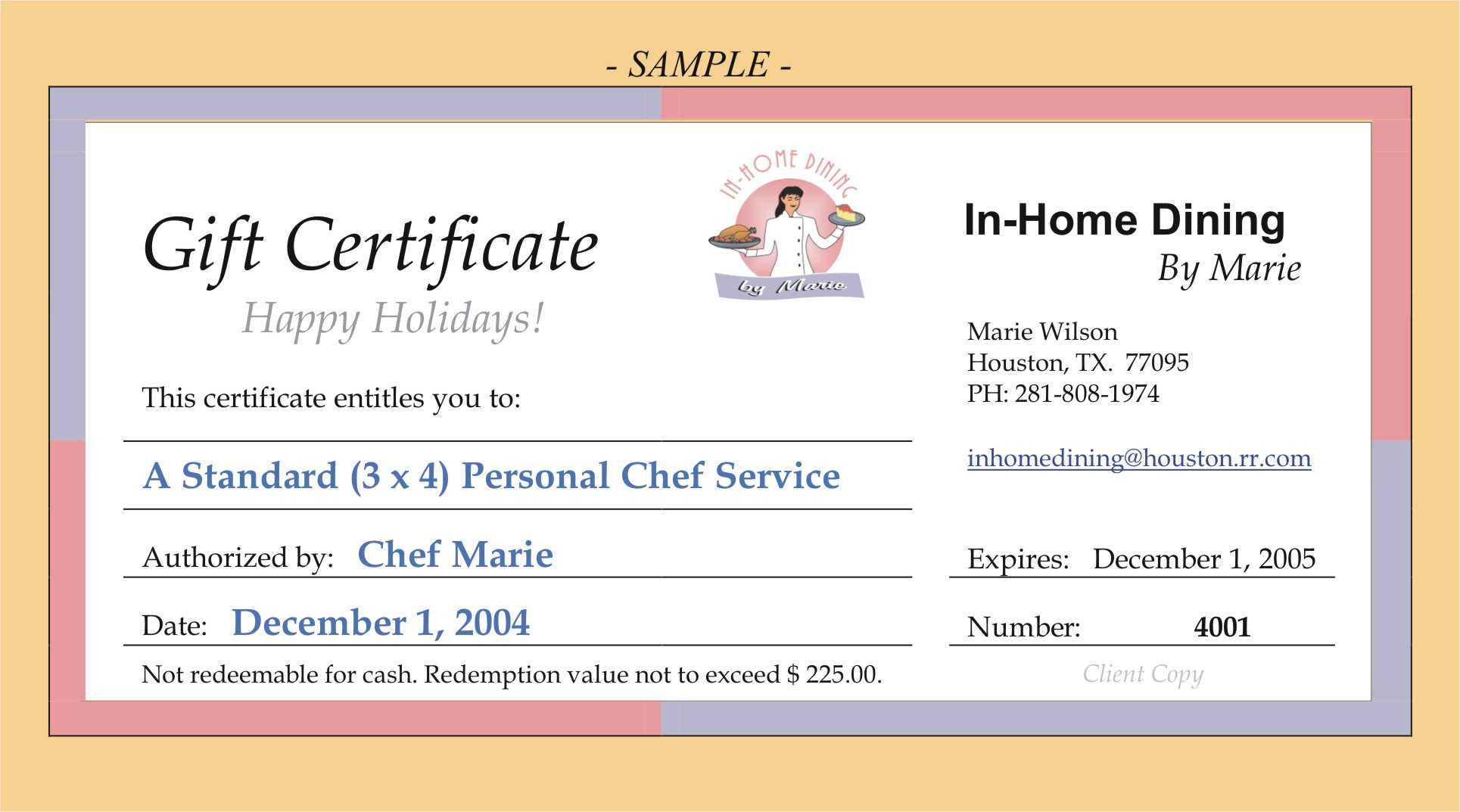 In Home Diningmarie - Services Regarding Dinner Certificate Template Free