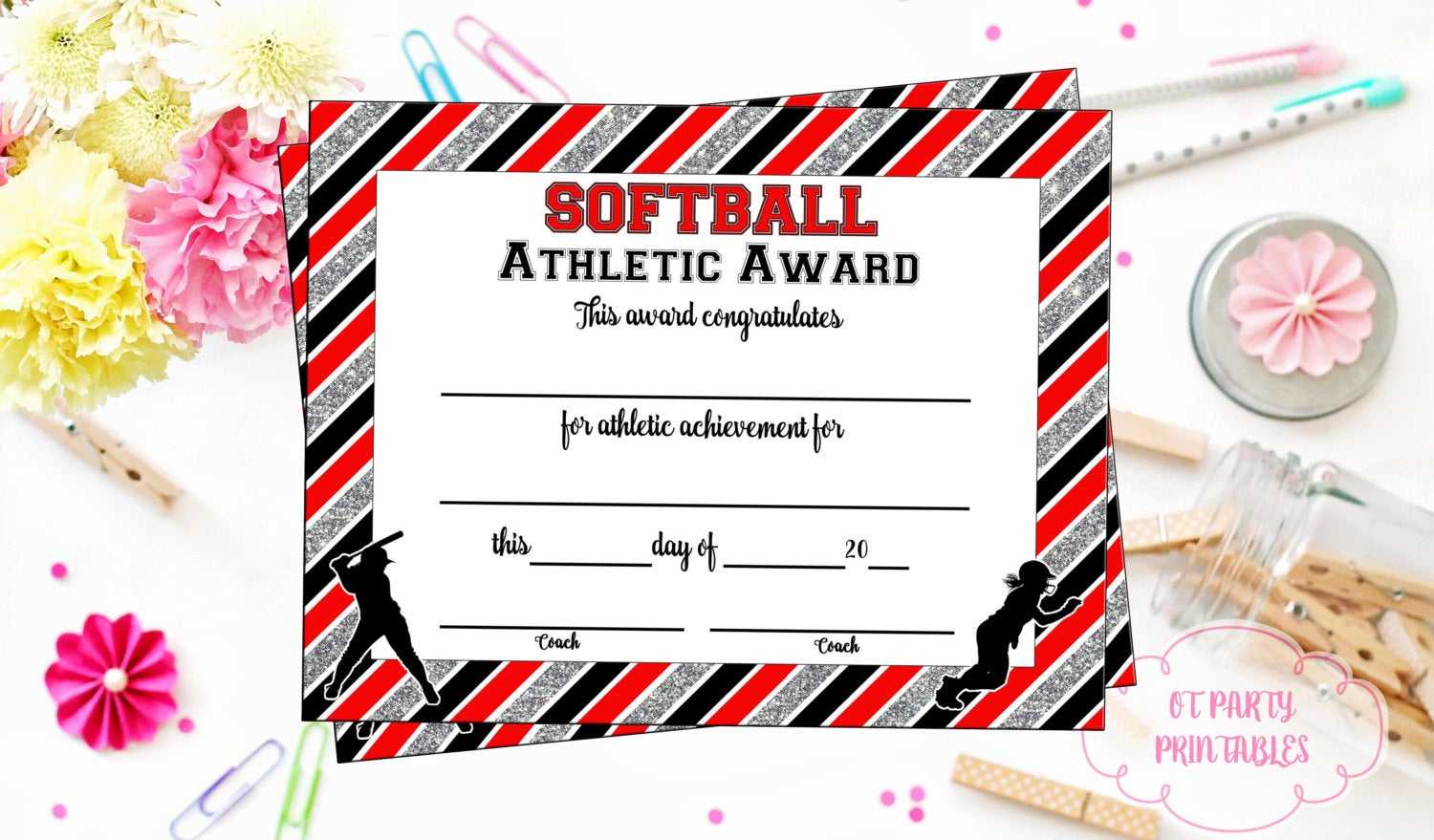 Instant Download - Softball Certificate Of Achievement - Softball Award -  Print At Home - Softball Certificate Of Completion - Sports Award Inside Softball Certificate Templates