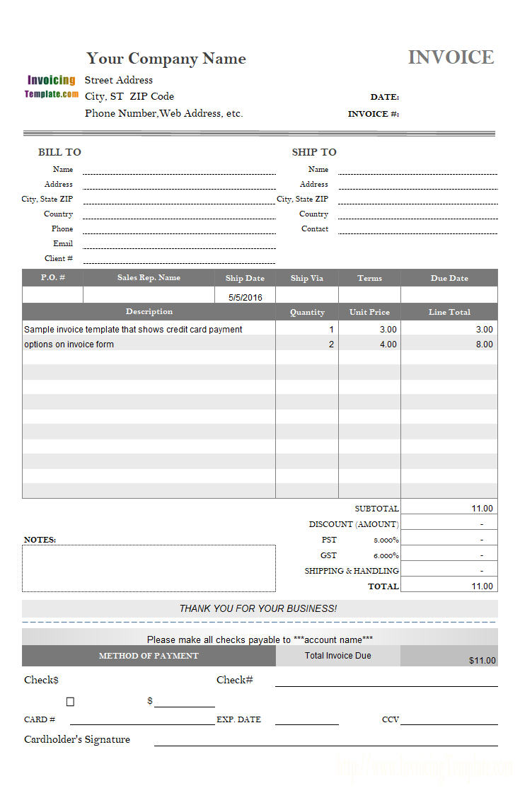 Invoice Template With Credit Card Payment Option Inside Credit Card Bill Template