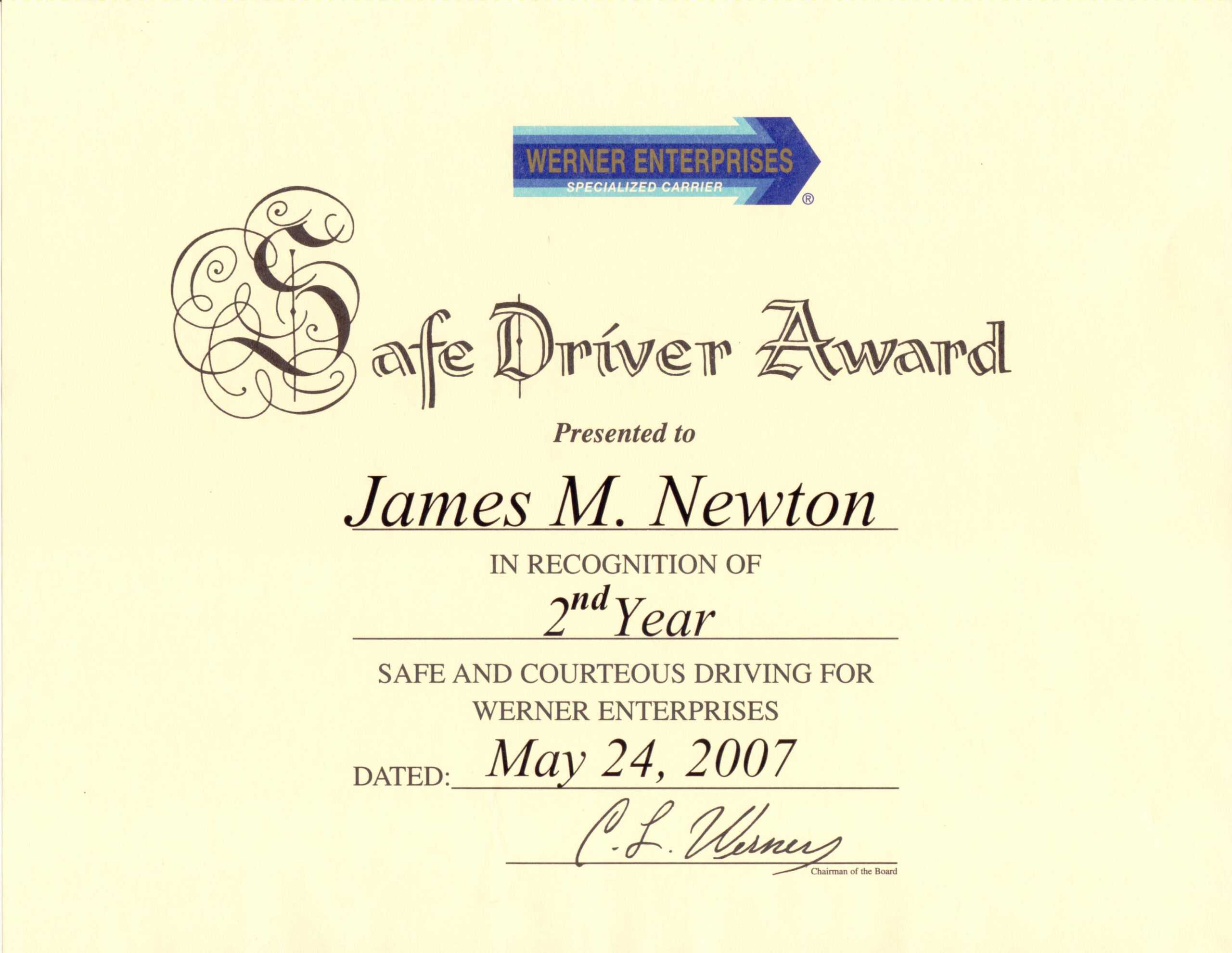 James M. Newton Awards Throughout Safe Driving Certificate Template