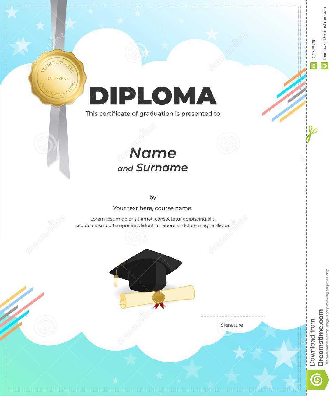 Kids Diploma Or Certificate Template With Colorful Intended For Preschool Graduation Certificate Template Free