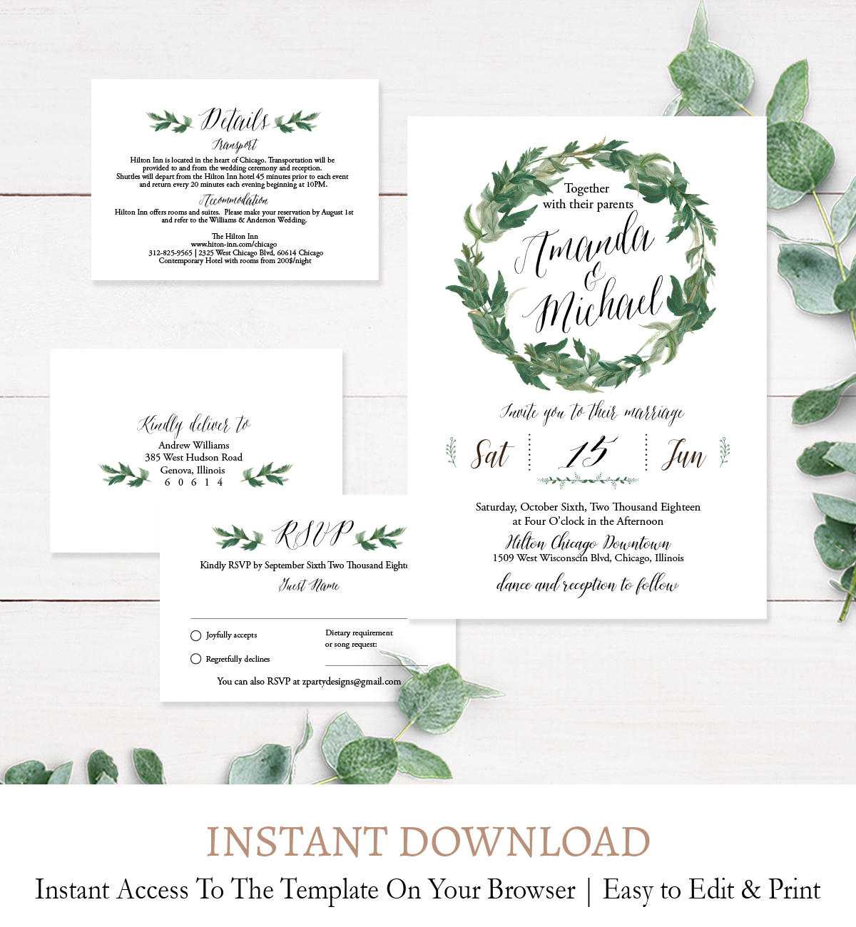 Laurel Wreath Wedding Invitation Suite, Rsvp Details Card Printable  Template C2 Throughout Template For Rsvp Cards For Wedding