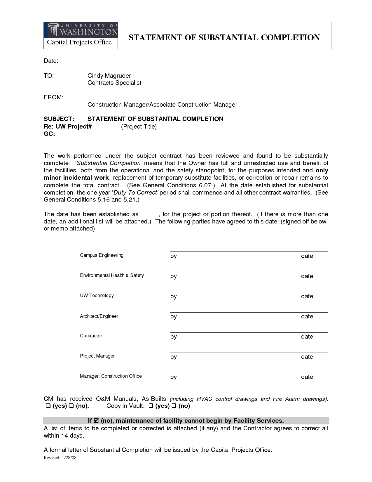 Letter Of Substantial Completion – Free Printable Documents Inside Certificate Of Substantial Completion Template