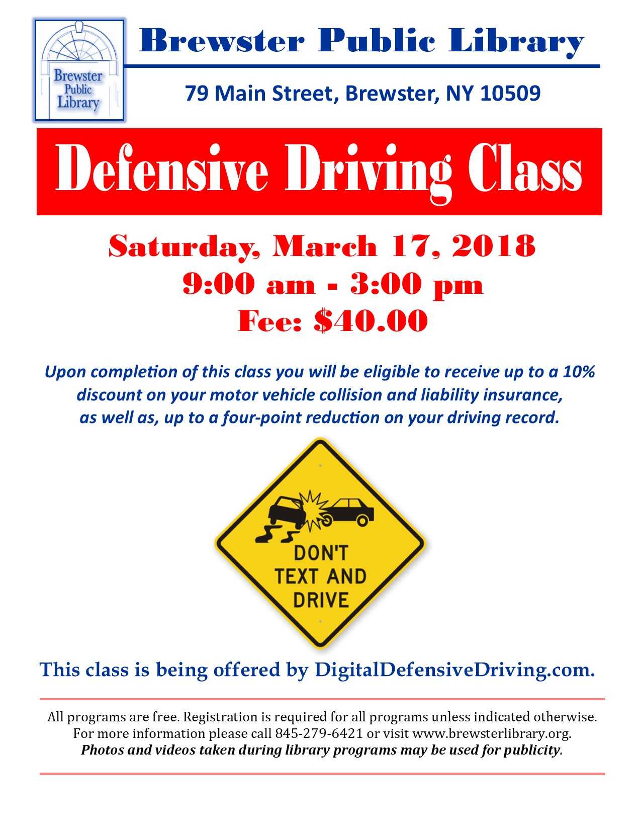March 17 Defensive Driving Course At Brewster Library Intended For Safe Driving Certificate Template