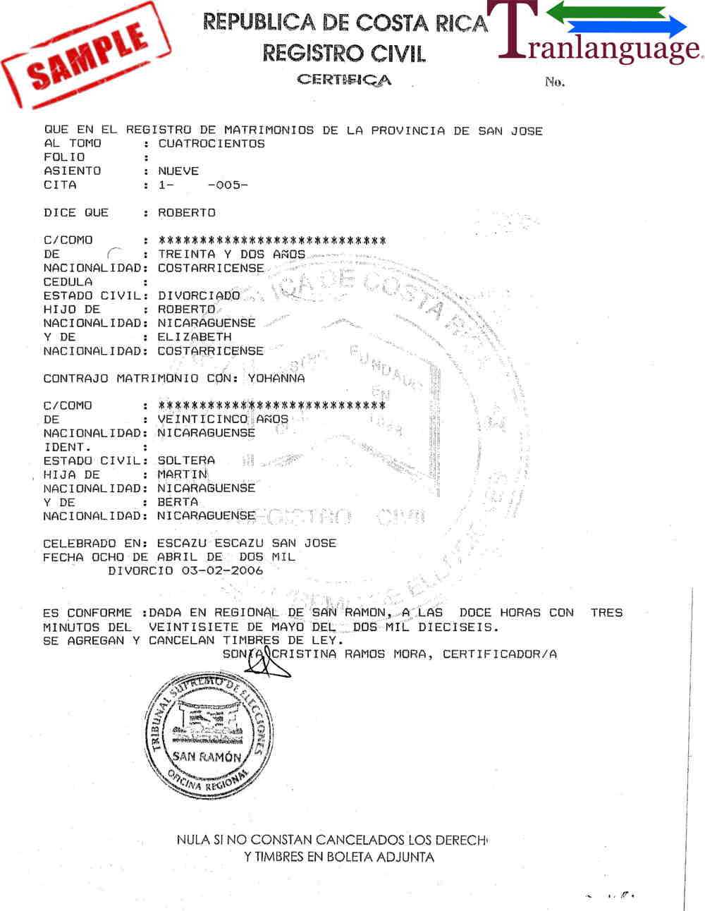 Marriage Certificate Costa Rica In Marriage Certificate Translation From Spanish To English Template