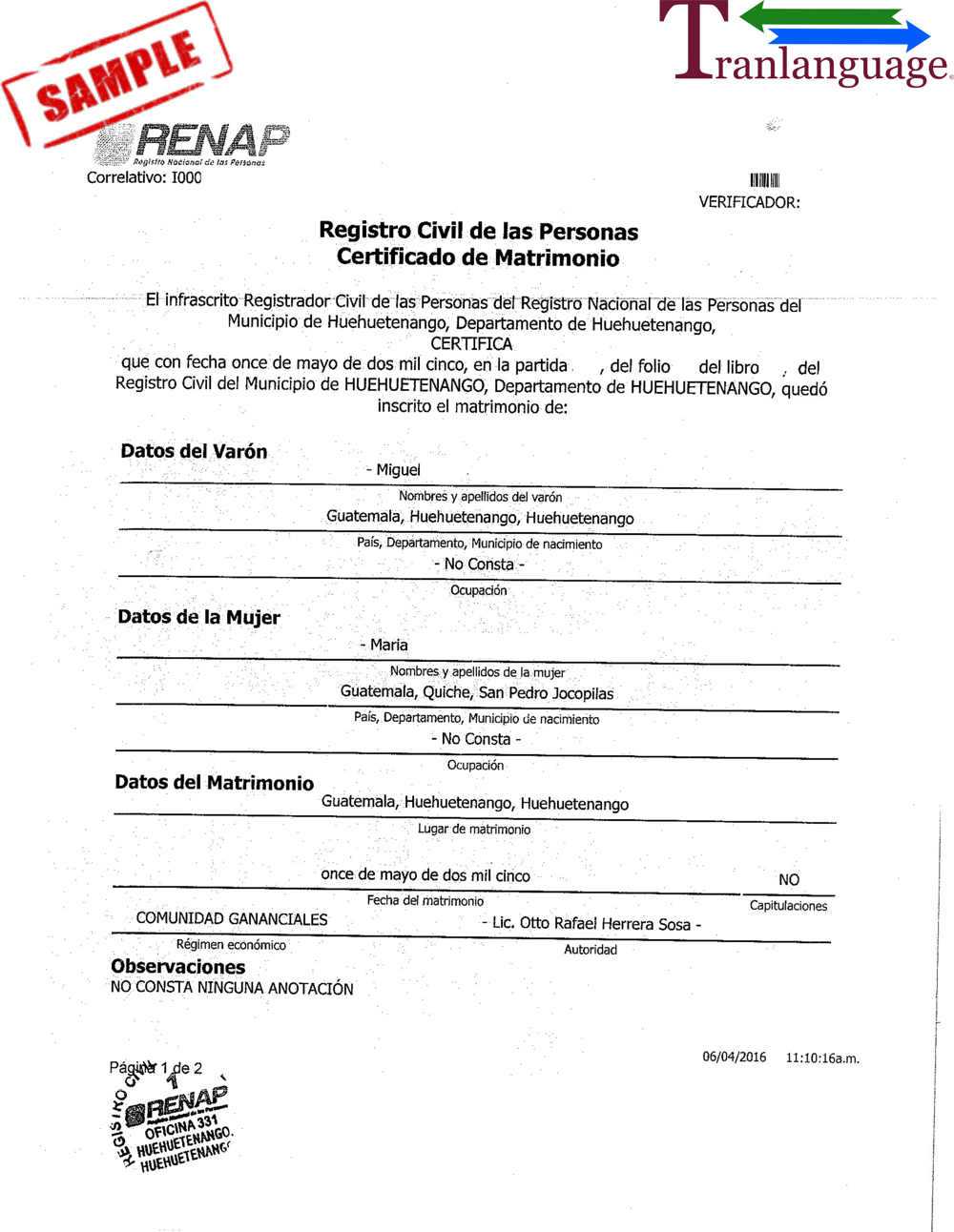 Marriage Certificate Guatemala Intended For Spanish To English Birth Certificate Translation Template