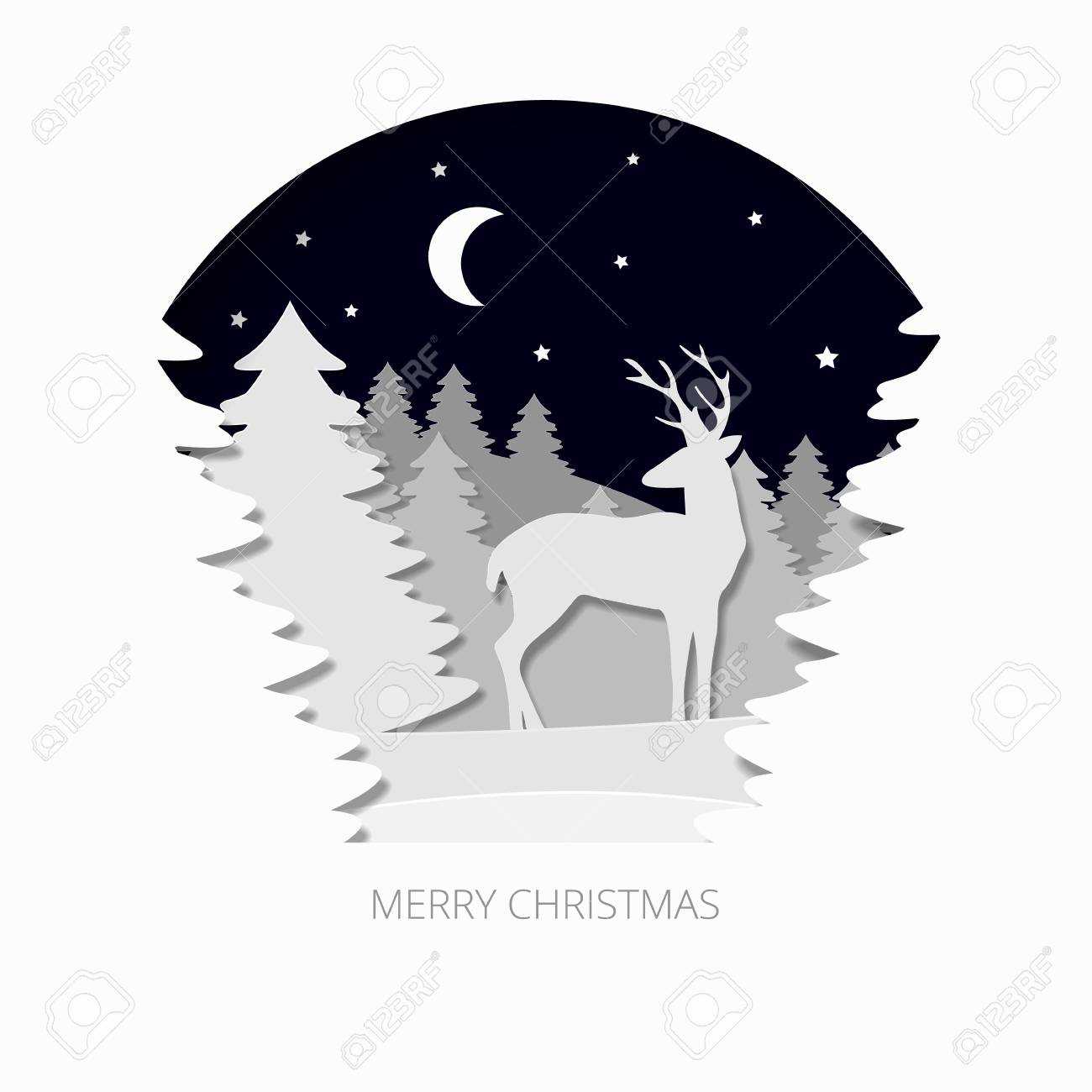 Merry Christmas 3D Abstract Paper Cut Illlustration Of Christmas Tree,  Deer, Moon And Stars In The Night. Vector Greeting Card Template In Carving  Art With 3D Christmas Tree Card Template