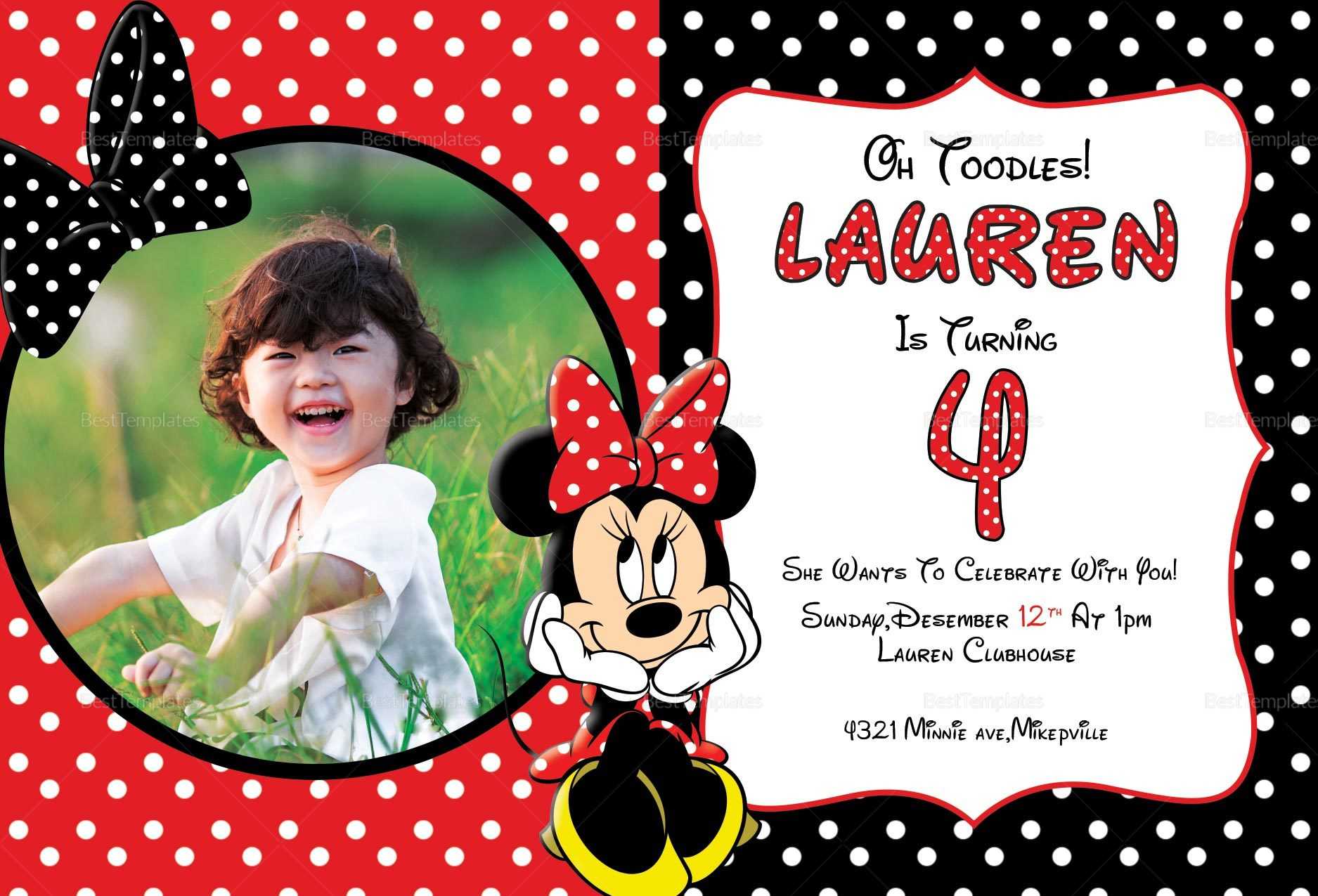 Minnie Mouse Photo Invitation Card Template Pertaining To Minnie Mouse Card Templates